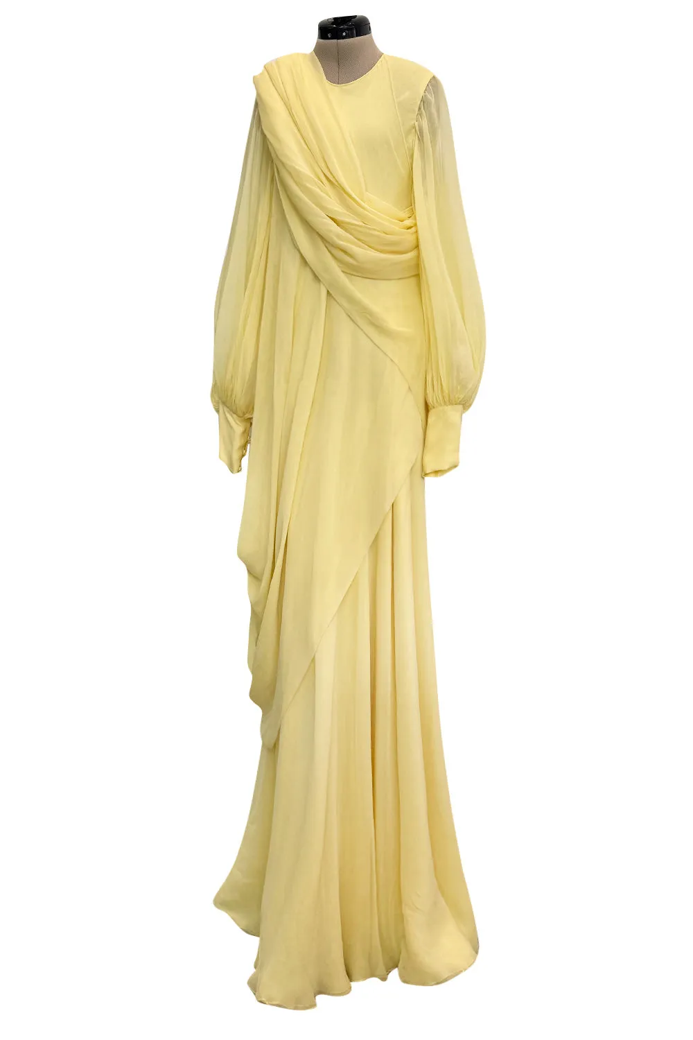 Exceptional 1970s George Stavropoulos Pale Yellow Bias Cut Silk Chiffon Caftan Dress w Attached Panel