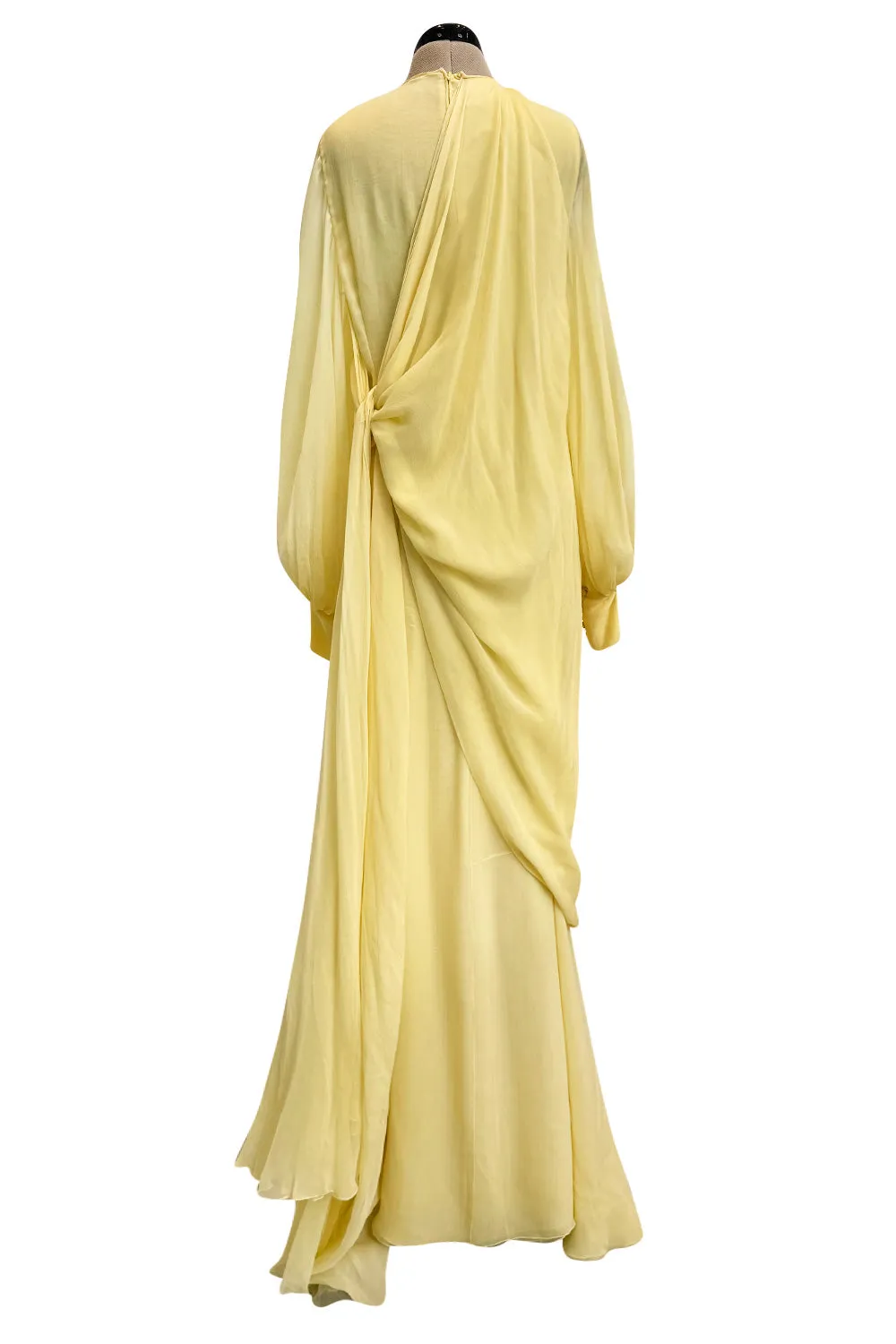 Exceptional 1970s George Stavropoulos Pale Yellow Bias Cut Silk Chiffon Caftan Dress w Attached Panel