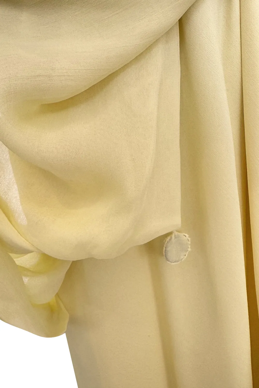 Exceptional 1970s George Stavropoulos Pale Yellow Bias Cut Silk Chiffon Caftan Dress w Attached Panel