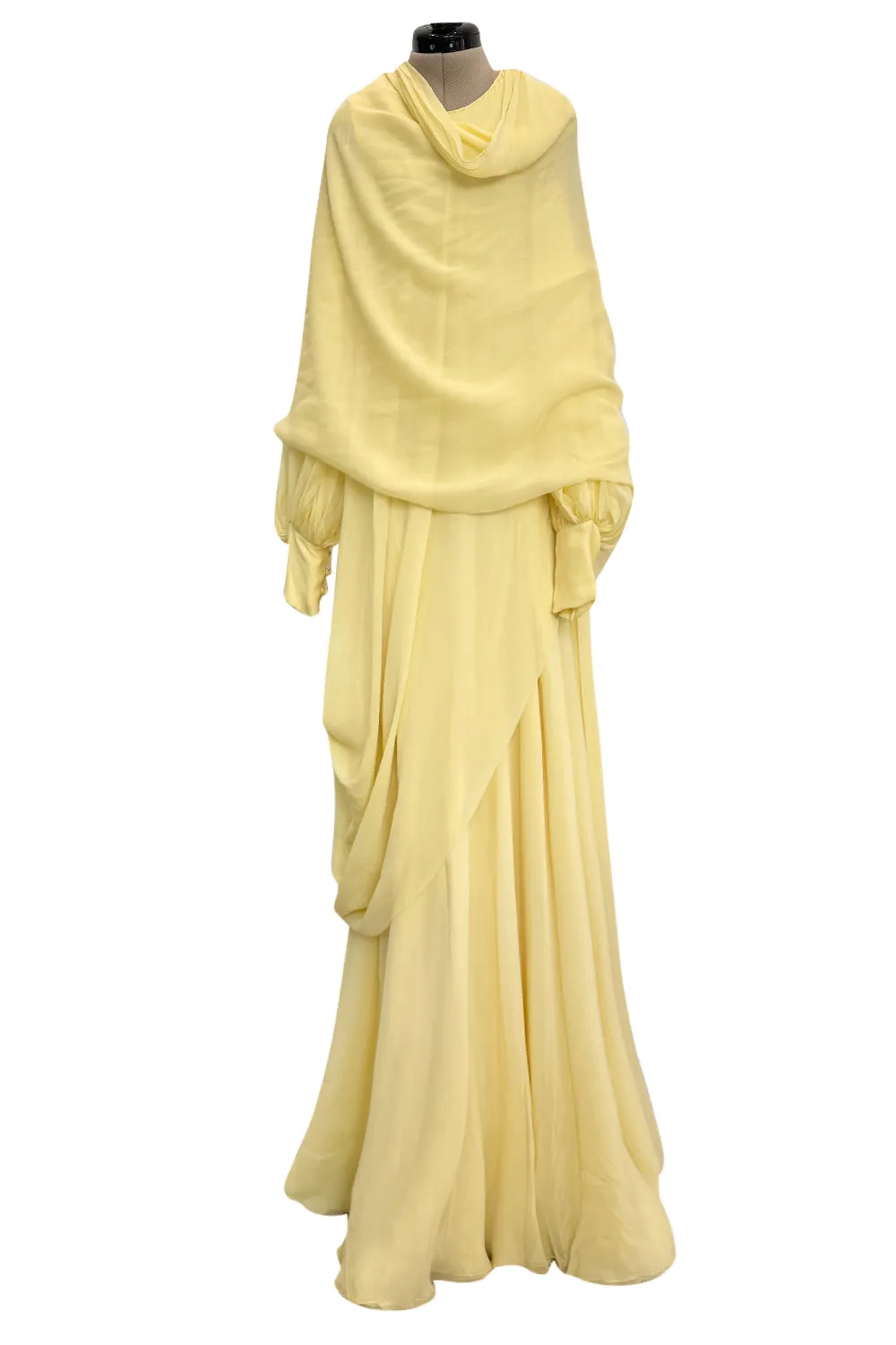 Exceptional 1970s George Stavropoulos Pale Yellow Bias Cut Silk Chiffon Caftan Dress w Attached Panel