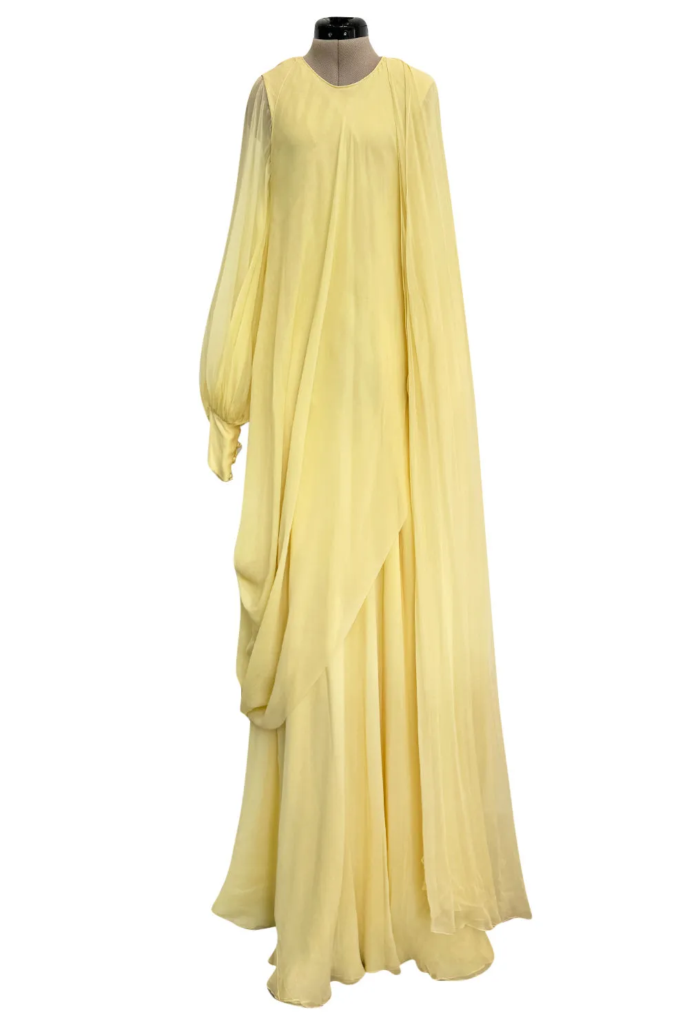 Exceptional 1970s George Stavropoulos Pale Yellow Bias Cut Silk Chiffon Caftan Dress w Attached Panel