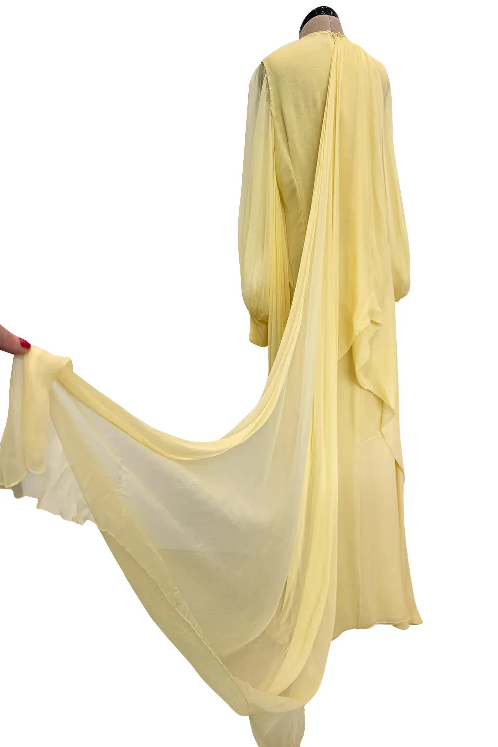Exceptional 1970s George Stavropoulos Pale Yellow Bias Cut Silk Chiffon Caftan Dress w Attached Panel
