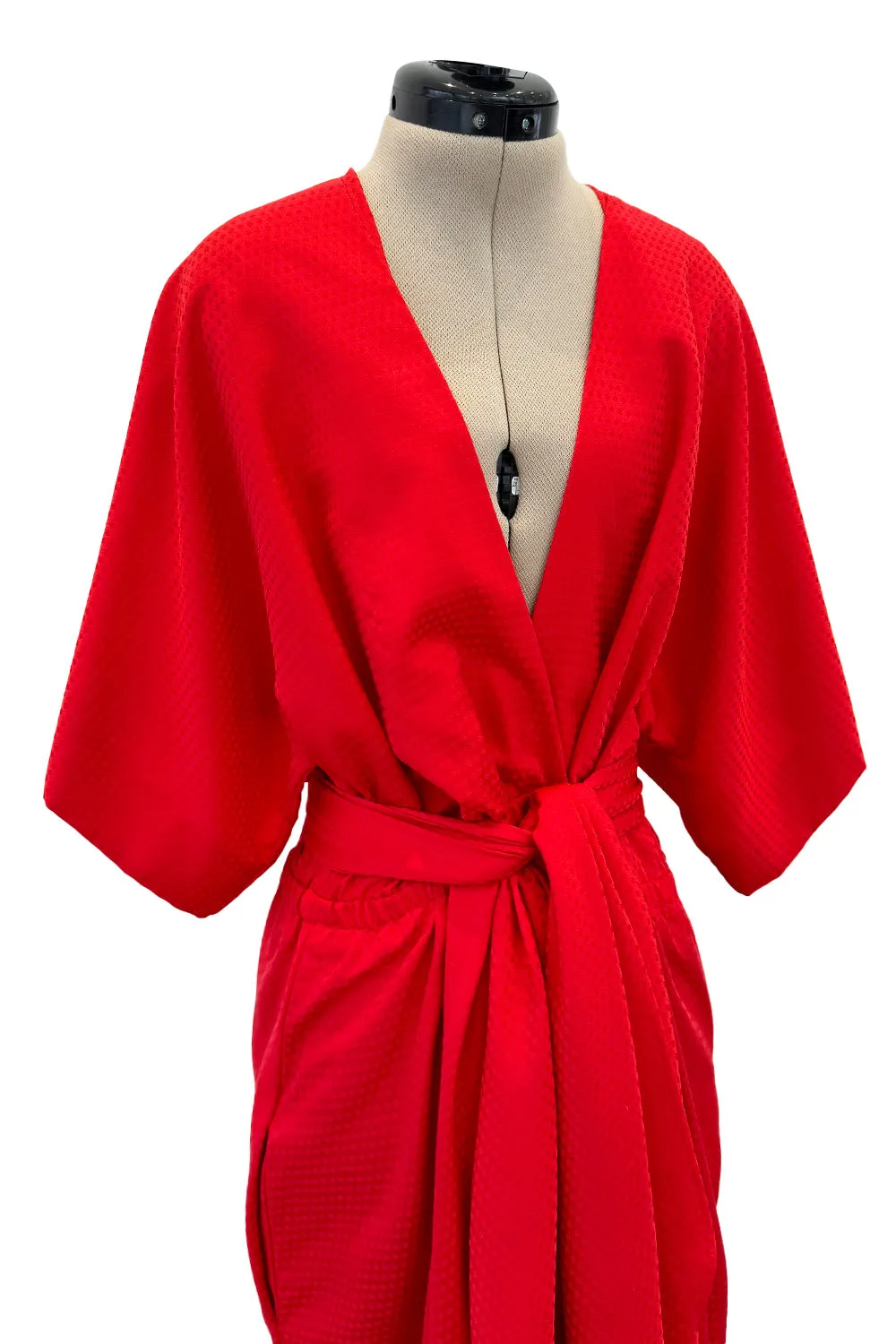 Fabulous 1970s Halston Wrap Plunge Red Full Length Dress w Wide Sleeves & Original Sash