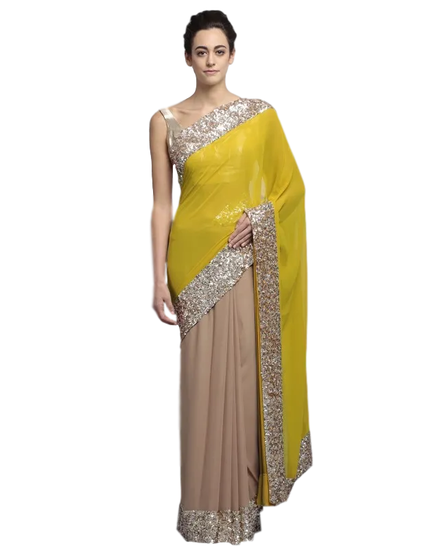 Fawn and yellow color party wear saree