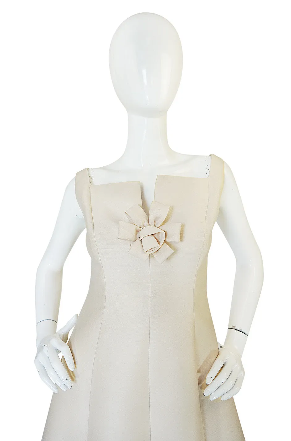 Feminine 1960s Sculptural Cream Silk Teal Traina Dress
