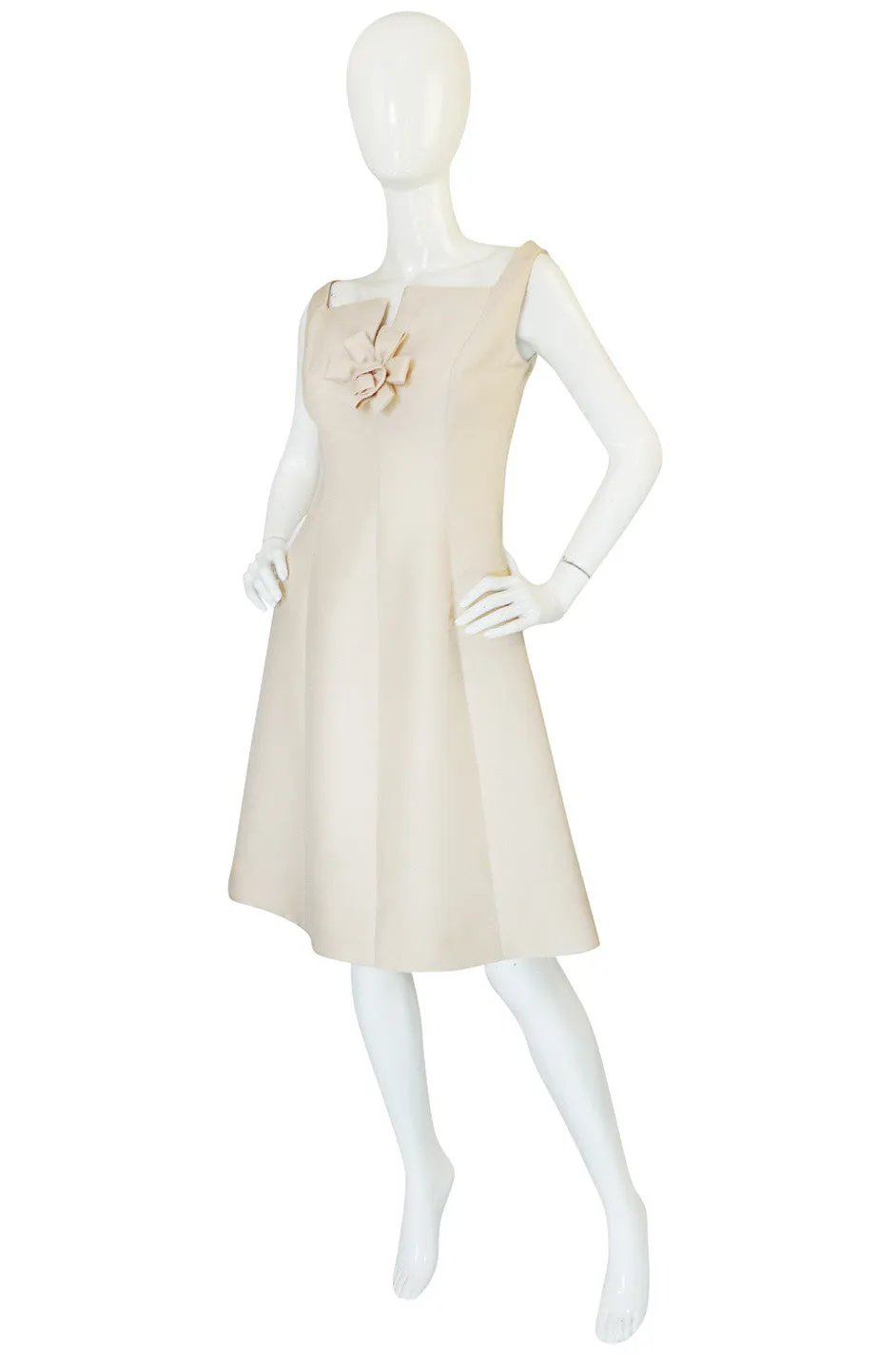 Feminine 1960s Sculptural Cream Silk Teal Traina Dress