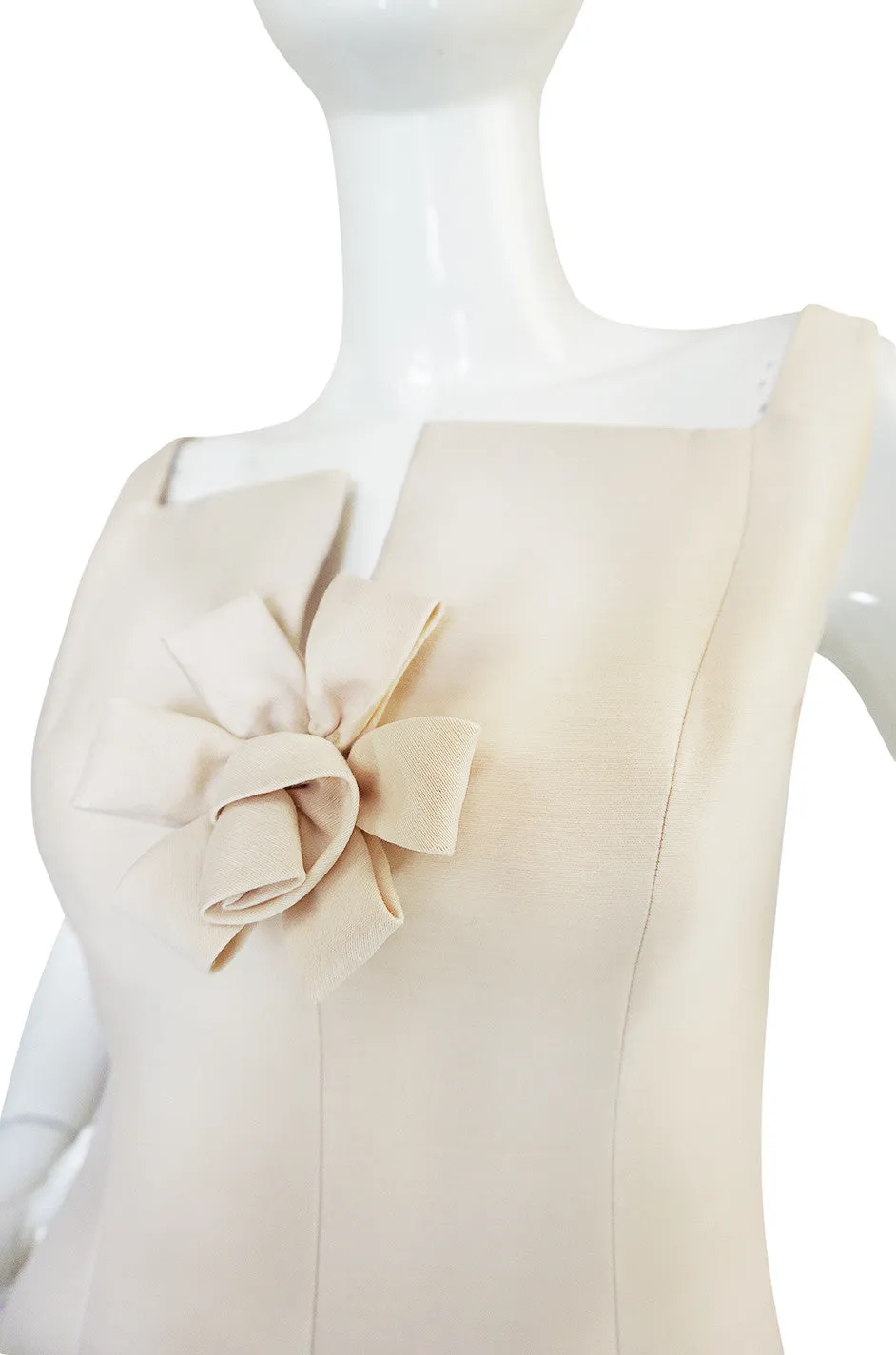 Feminine 1960s Sculptural Cream Silk Teal Traina Dress