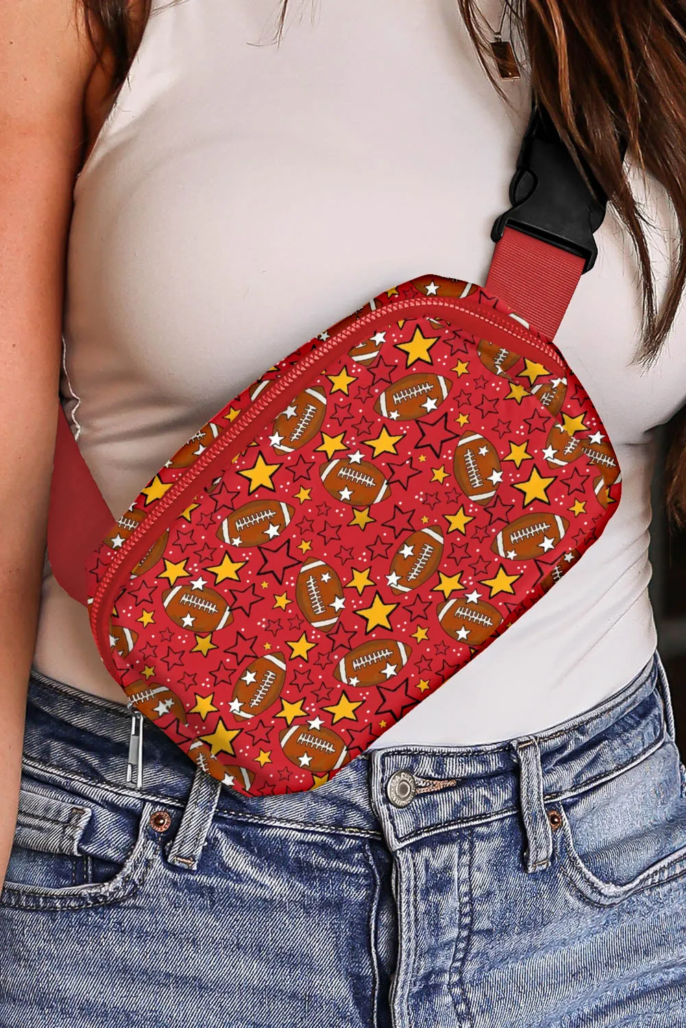 Fiery Red Rugby Star Printed Buckle Strap Crossbody Bag