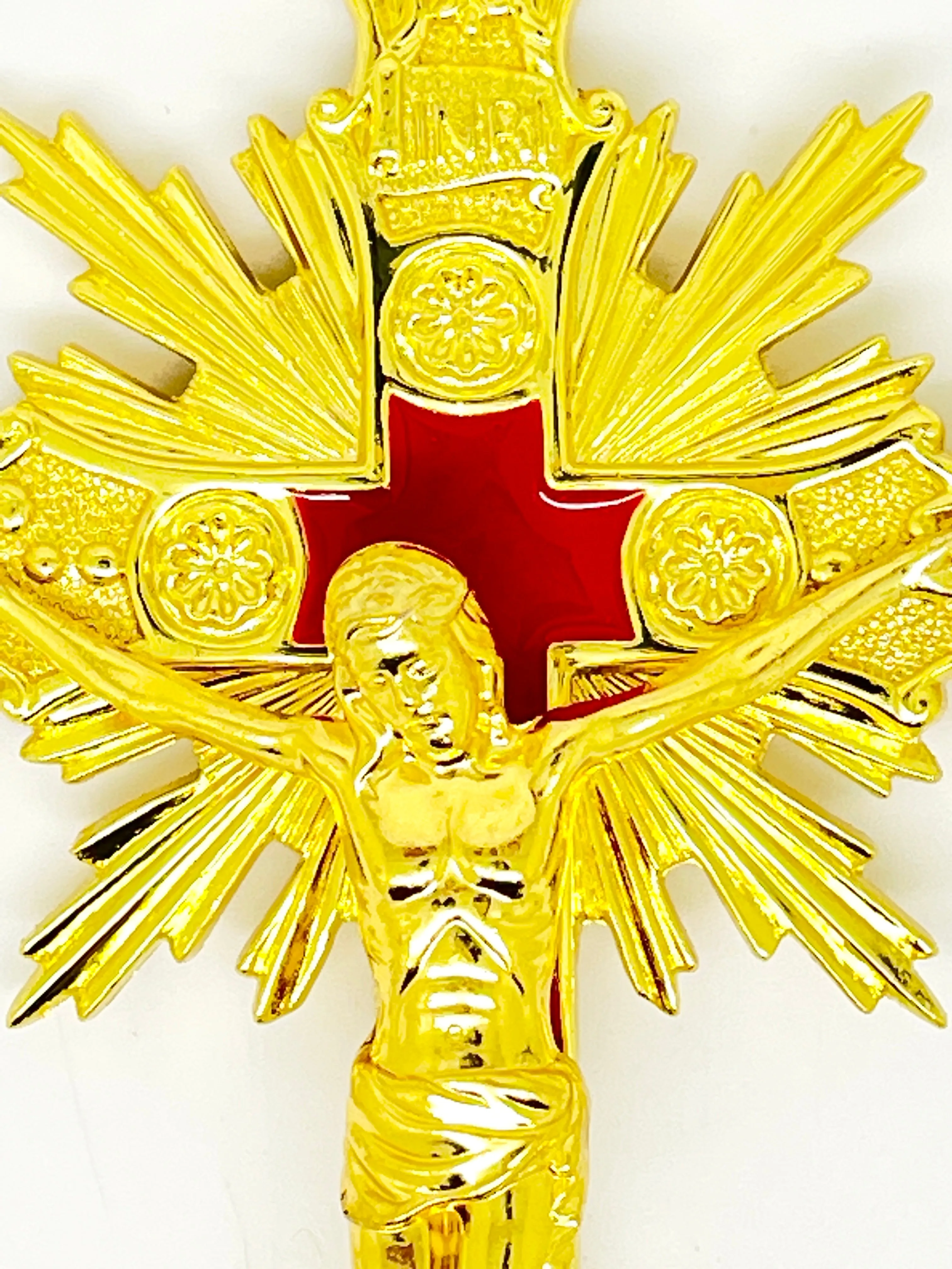 Gold with Red Background Wall Crucifix 12"