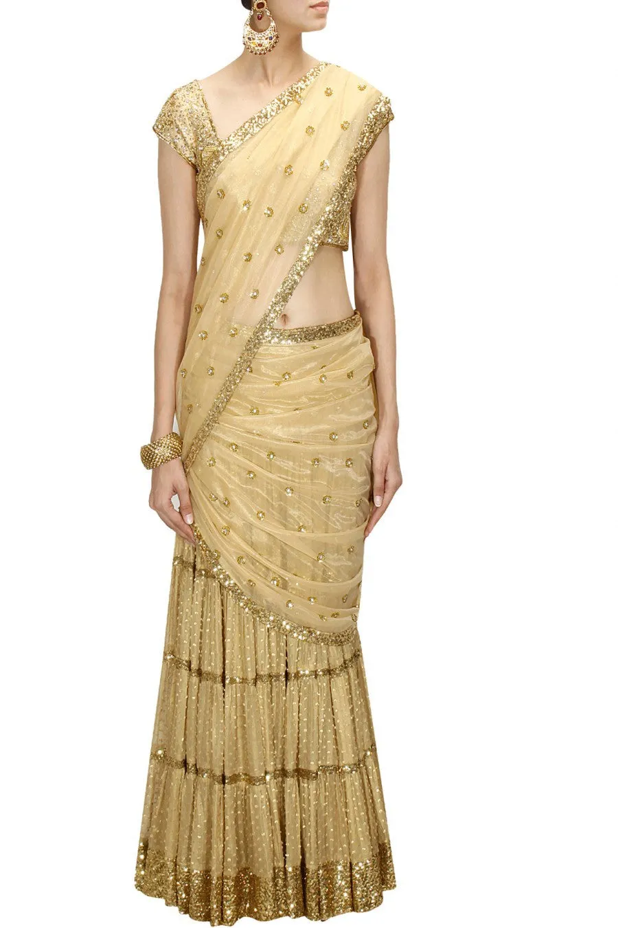 Golden Lehenga Saree at  Panache  Haute Couture