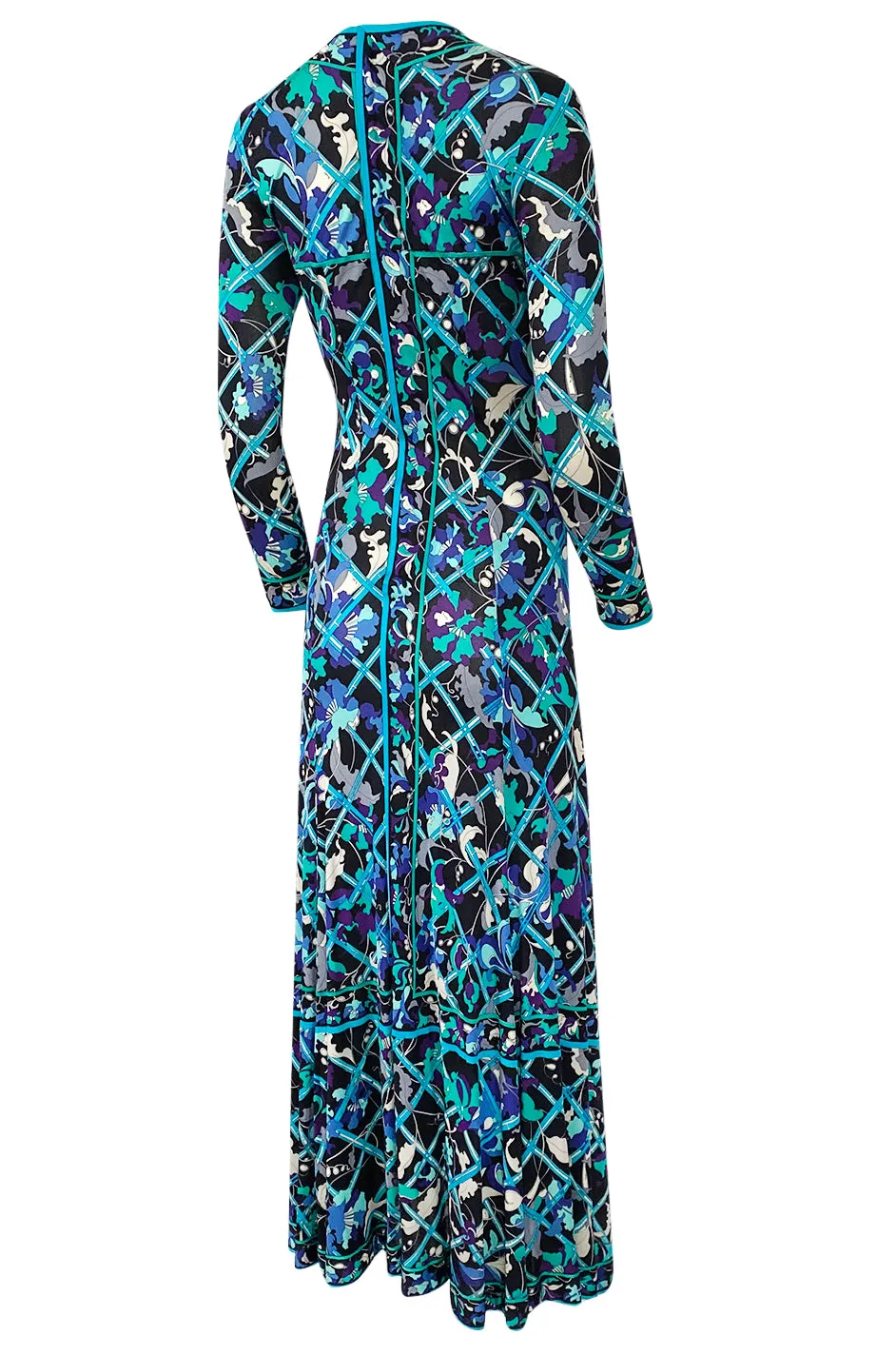 Gorgeous 1960s Emilio Pucci Blue Lattice Print Silk Jersey Maxi Dress