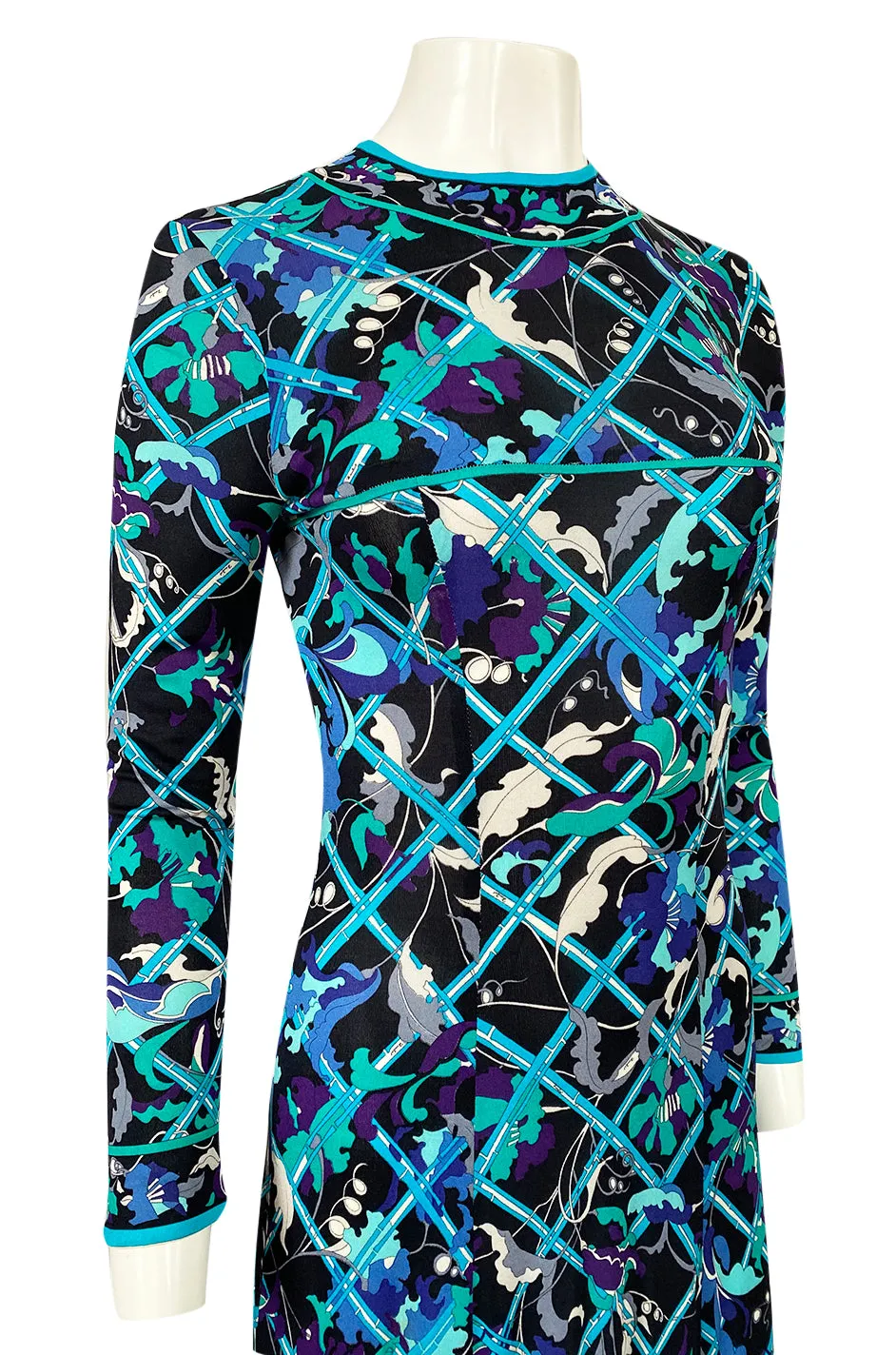 Gorgeous 1960s Emilio Pucci Blue Lattice Print Silk Jersey Maxi Dress