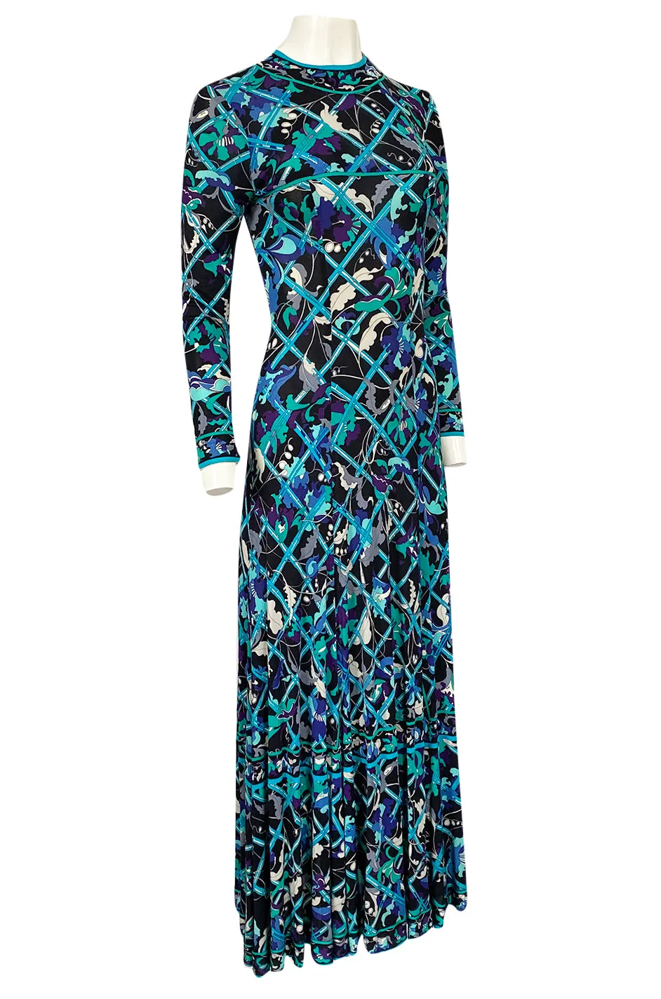Gorgeous 1960s Emilio Pucci Blue Lattice Print Silk Jersey Maxi Dress