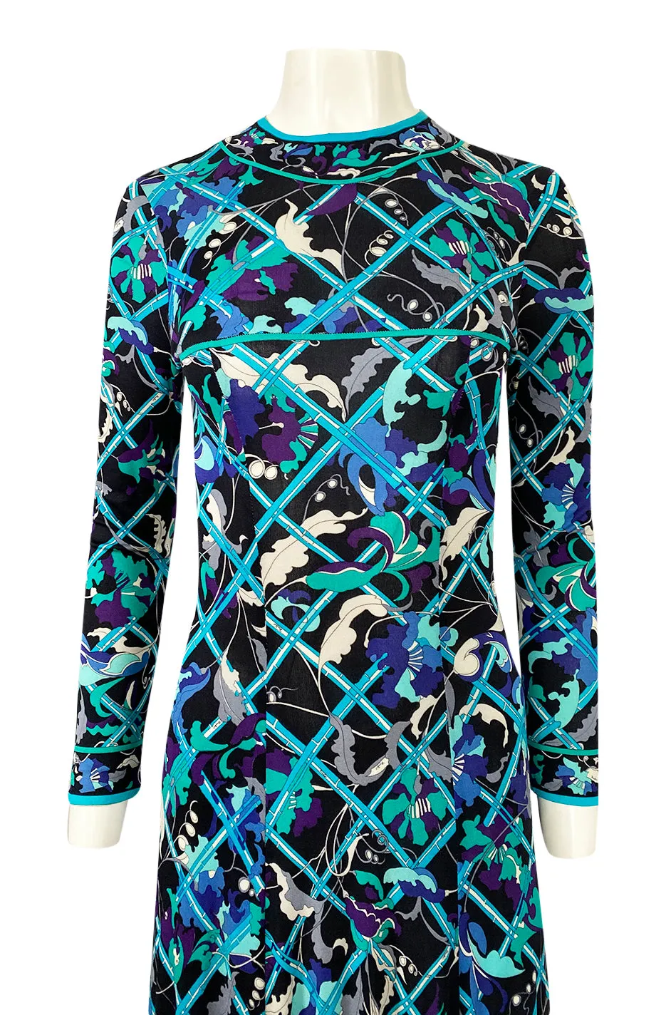 Gorgeous 1960s Emilio Pucci Blue Lattice Print Silk Jersey Maxi Dress