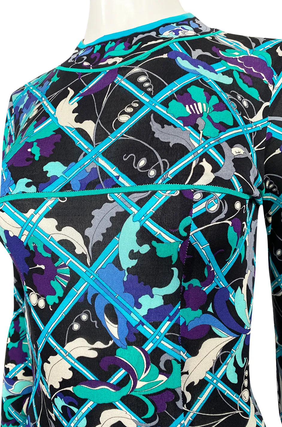 Gorgeous 1960s Emilio Pucci Blue Lattice Print Silk Jersey Maxi Dress