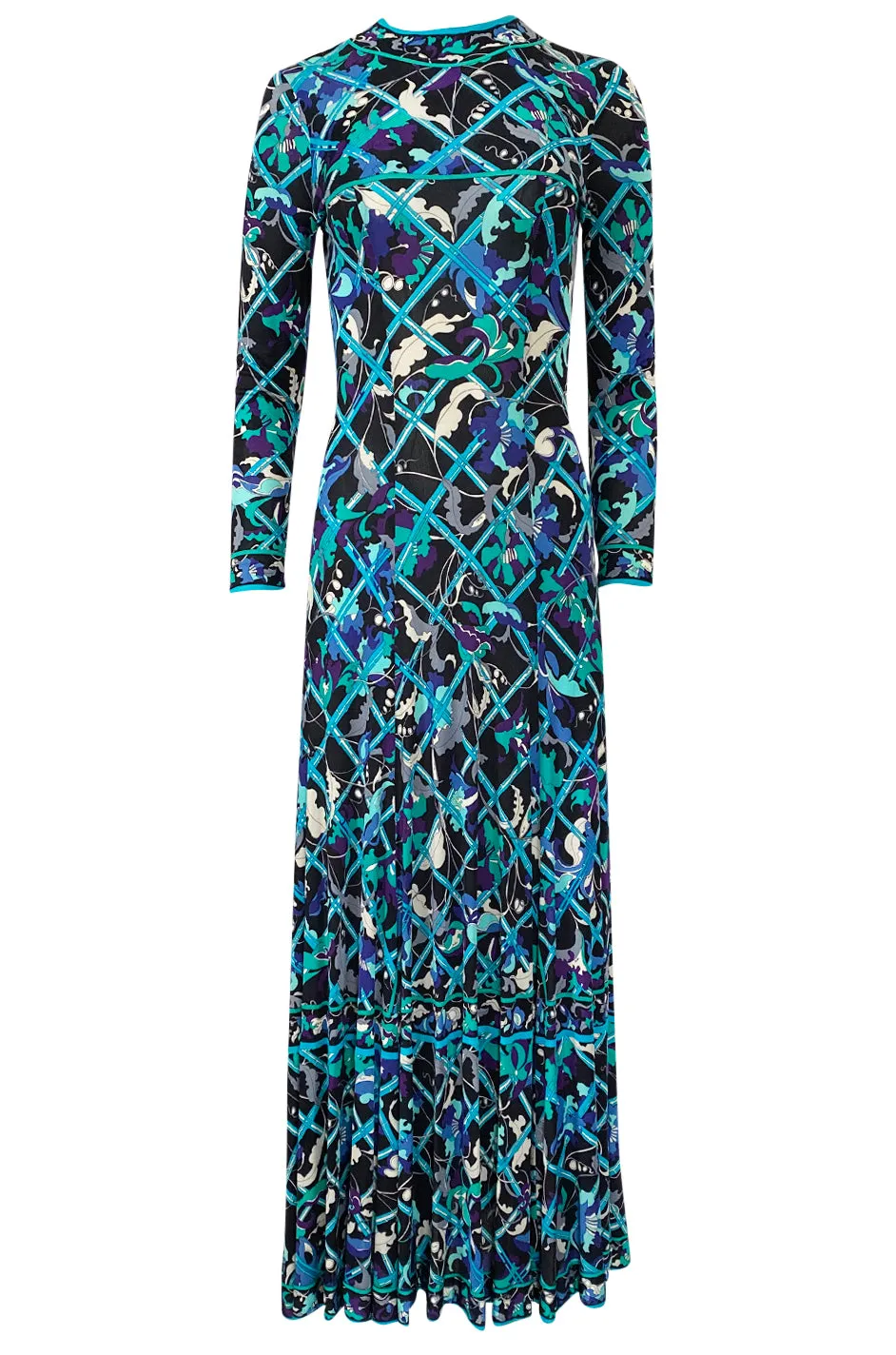 Gorgeous 1960s Emilio Pucci Blue Lattice Print Silk Jersey Maxi Dress