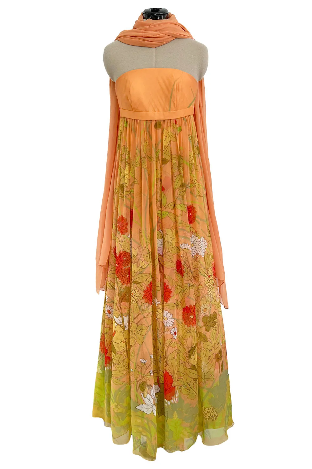 Gorgeous 1968 Hanae Mori Strapless Pastel Peach Floral Print Chiffon & Silk Dress w Shawl
