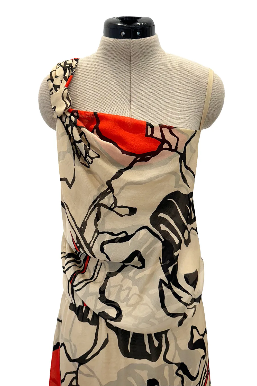 Gorgeous Early 2000s Valentino Roma Bias Cut Floral Print Dress w Bright Pops of Coral Red