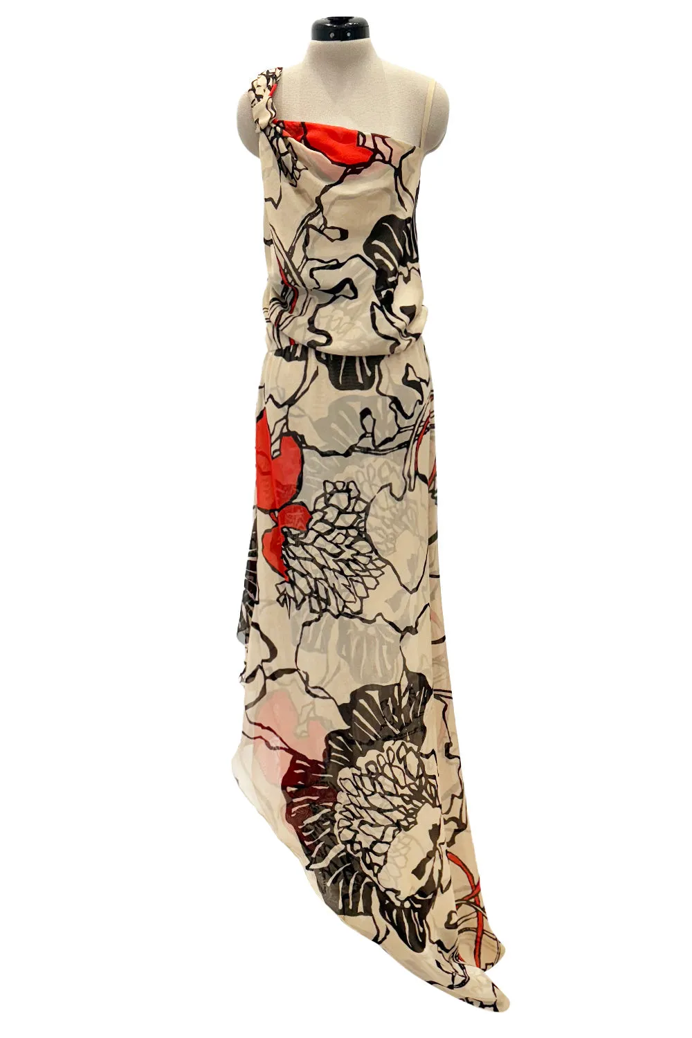 Gorgeous Early 2000s Valentino Roma Bias Cut Floral Print Dress w Bright Pops of Coral Red