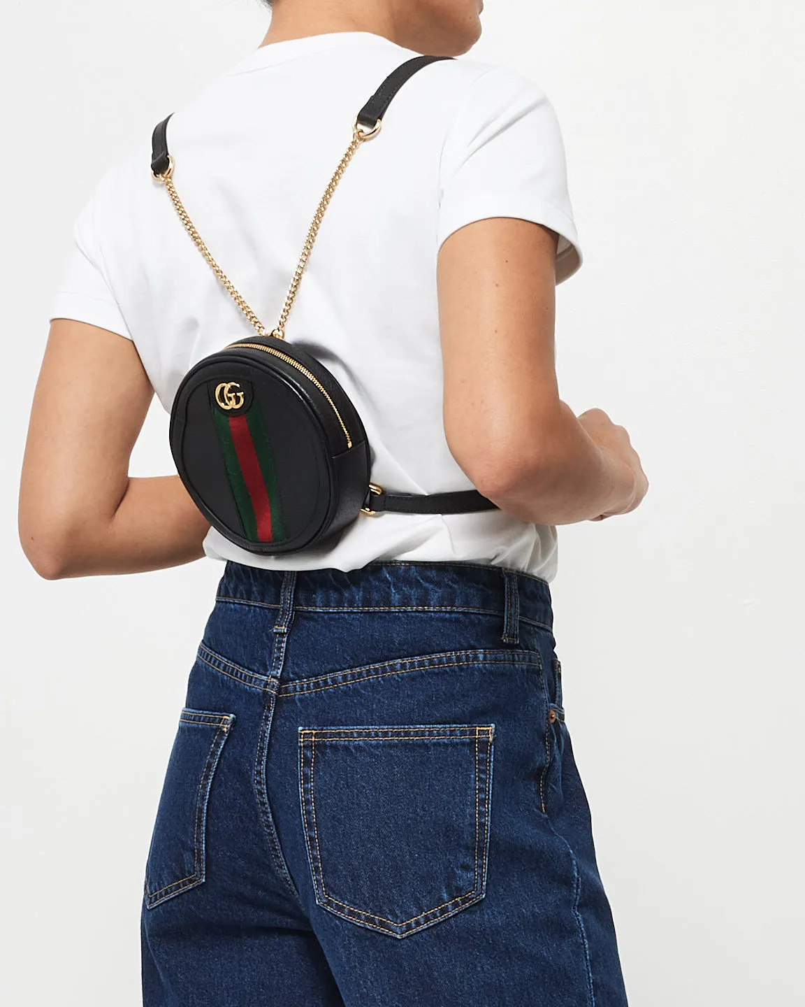 Gucci Black Grained Calfskin Leather Web Mini Ophidia Backpack