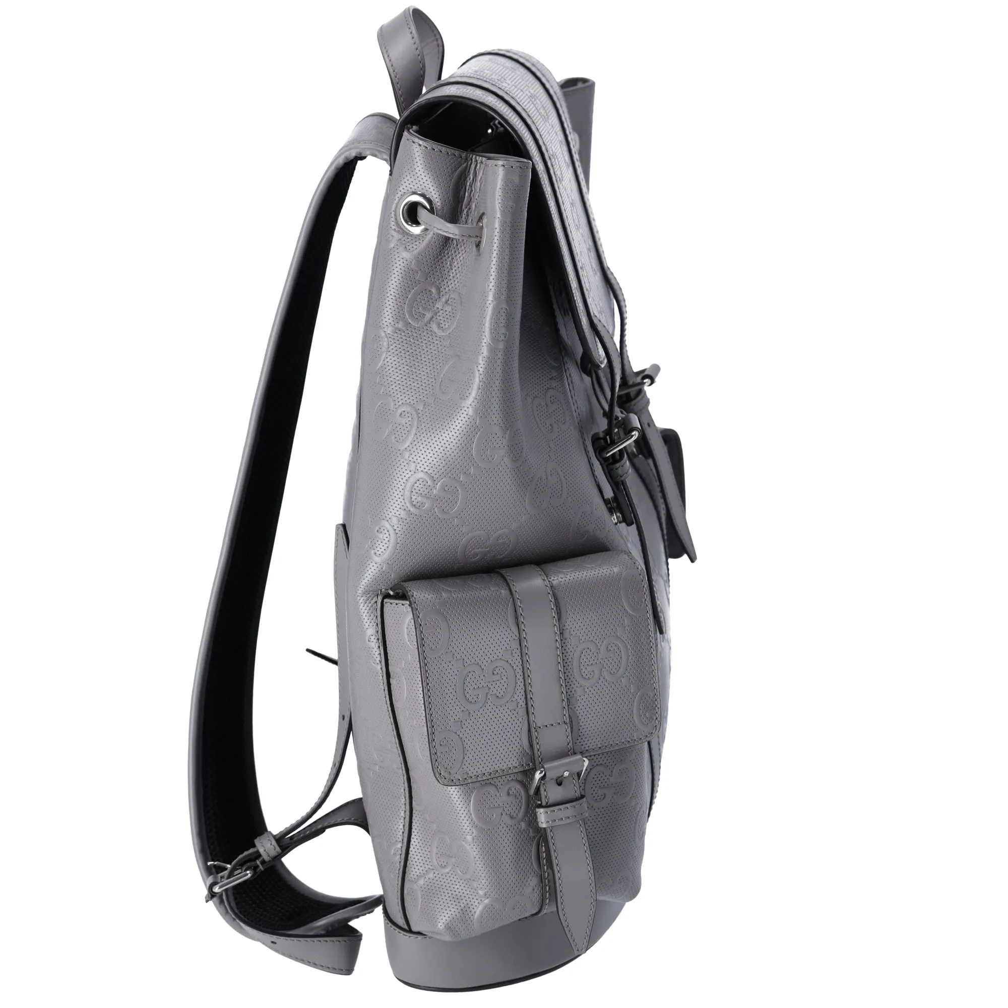 GUCCI GG Embossed Large Drawstring Flap Backpack 625770 Gray Leather
