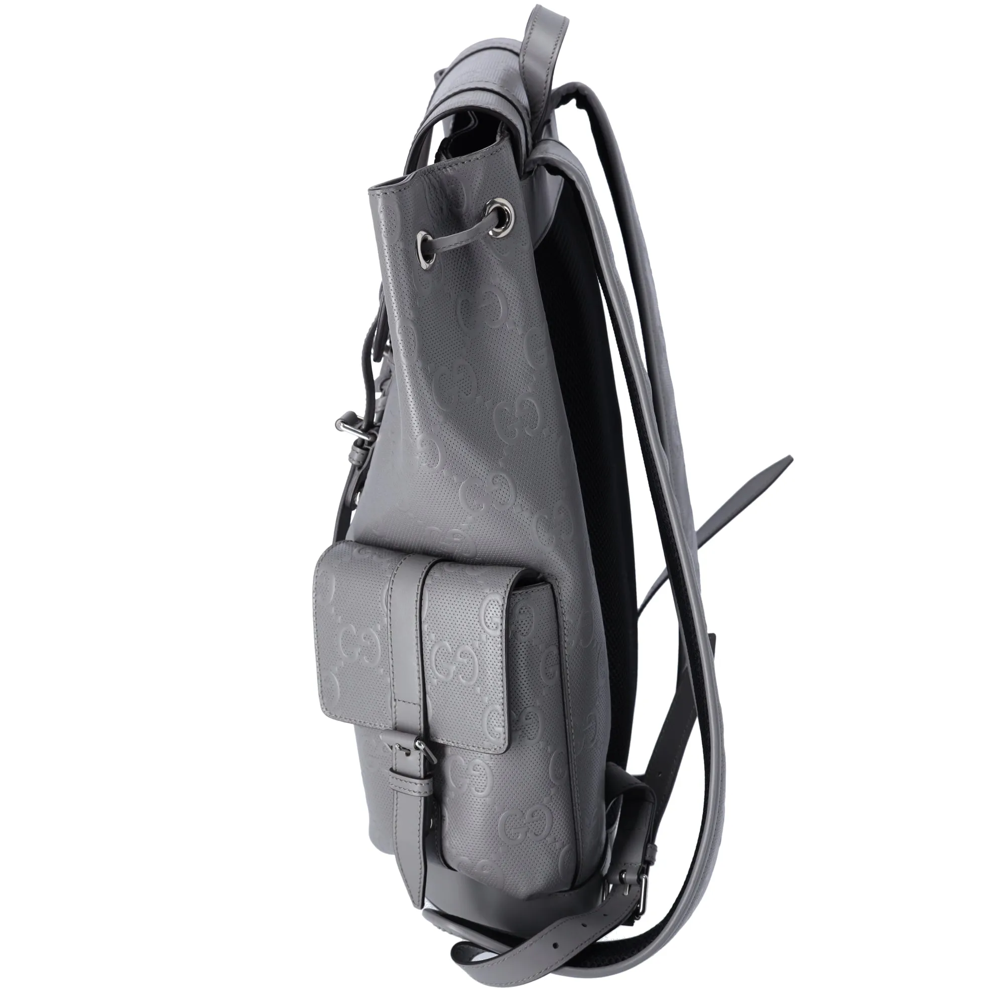 GUCCI GG Embossed Large Drawstring Flap Backpack 625770 Gray Leather