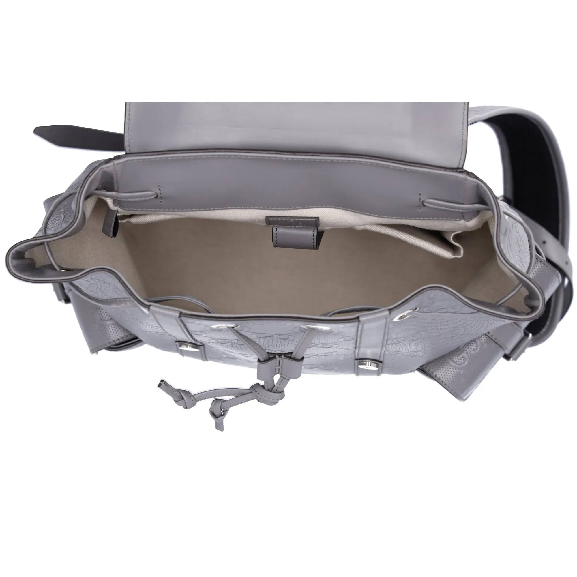 GUCCI GG Embossed Large Drawstring Flap Backpack 625770 Gray Leather