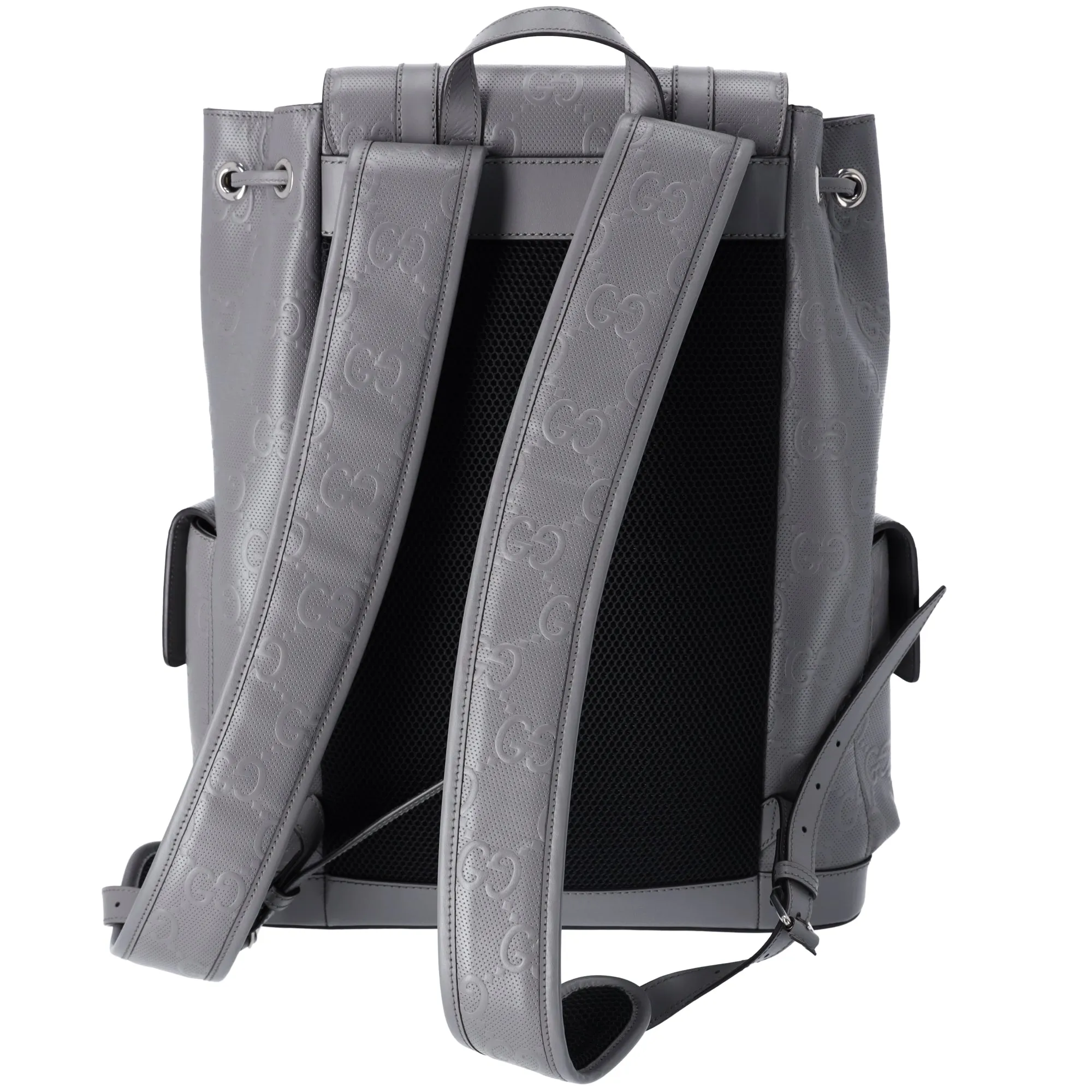 GUCCI GG Embossed Large Drawstring Flap Backpack 625770 Gray Leather