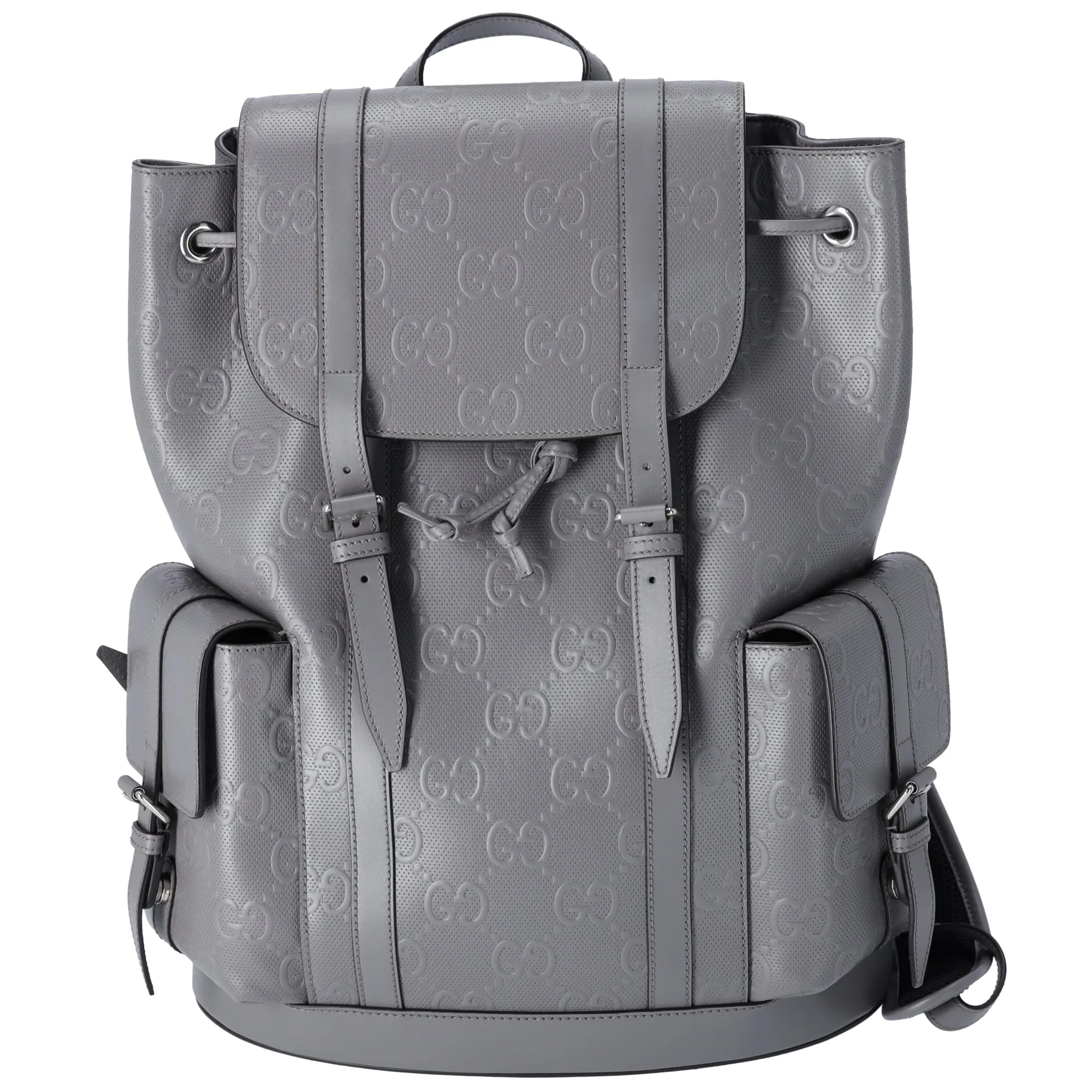 GUCCI GG Embossed Large Drawstring Flap Backpack 625770 Gray Leather