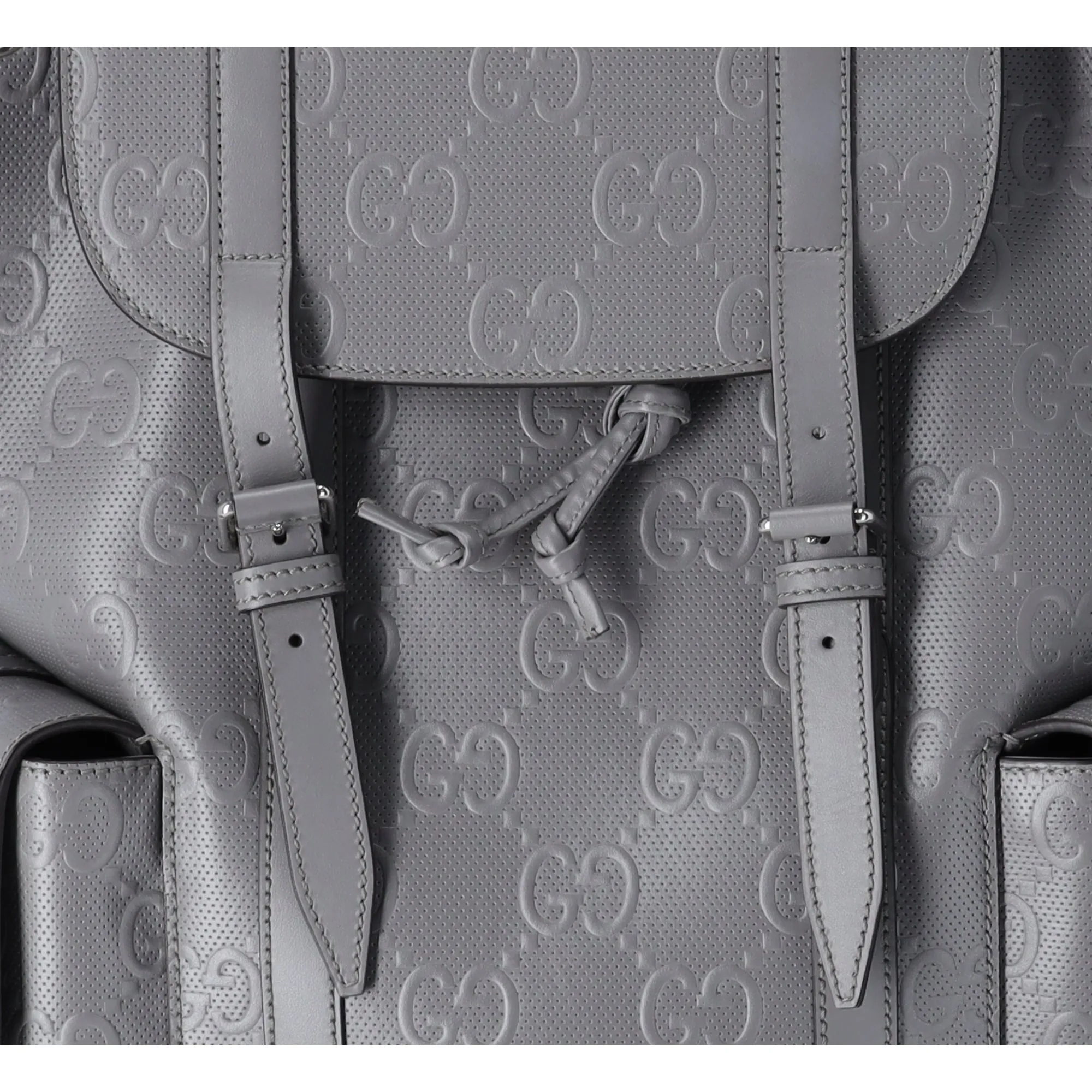 GUCCI GG Embossed Large Drawstring Flap Backpack 625770 Gray Leather