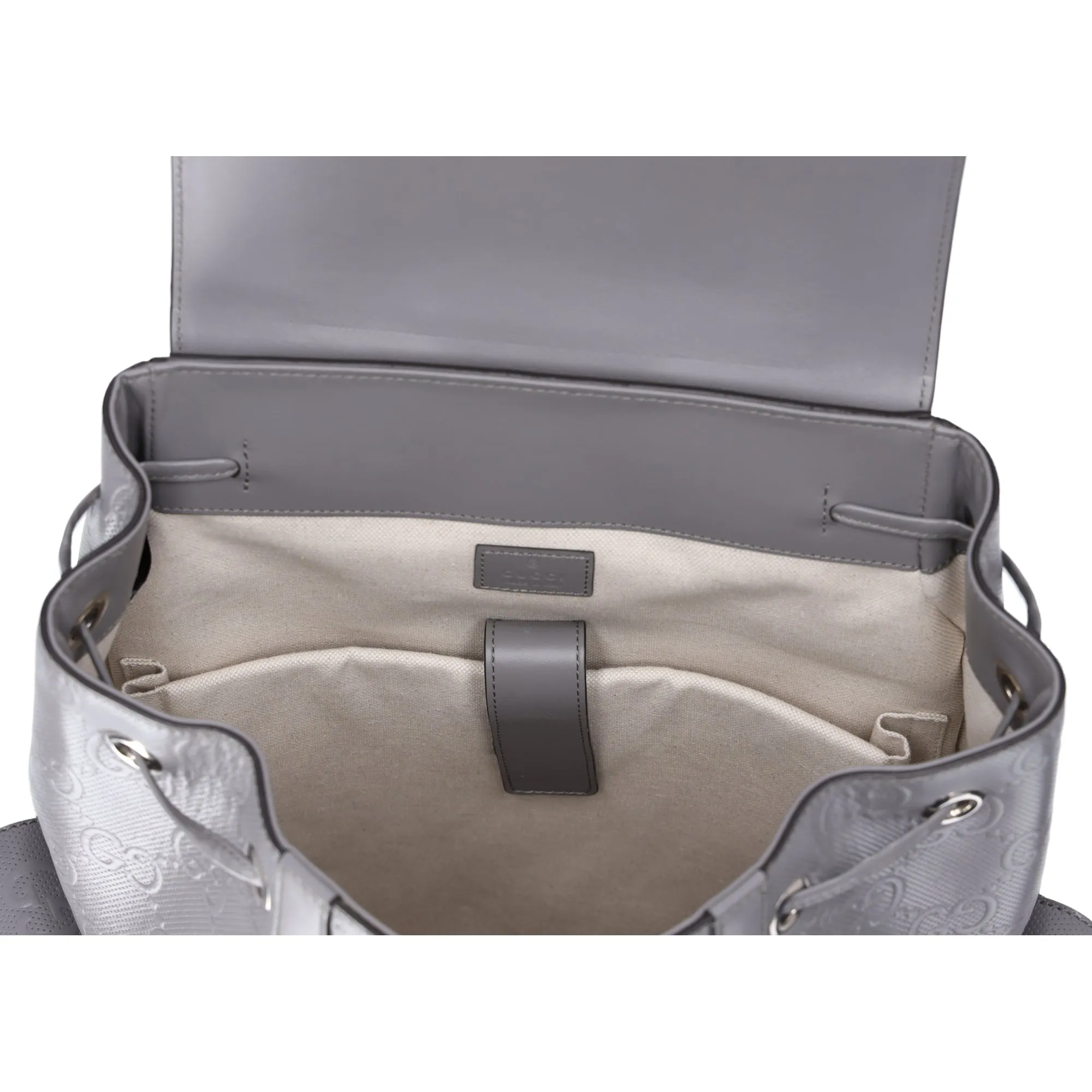 GUCCI GG Embossed Large Drawstring Flap Backpack 625770 Gray Leather