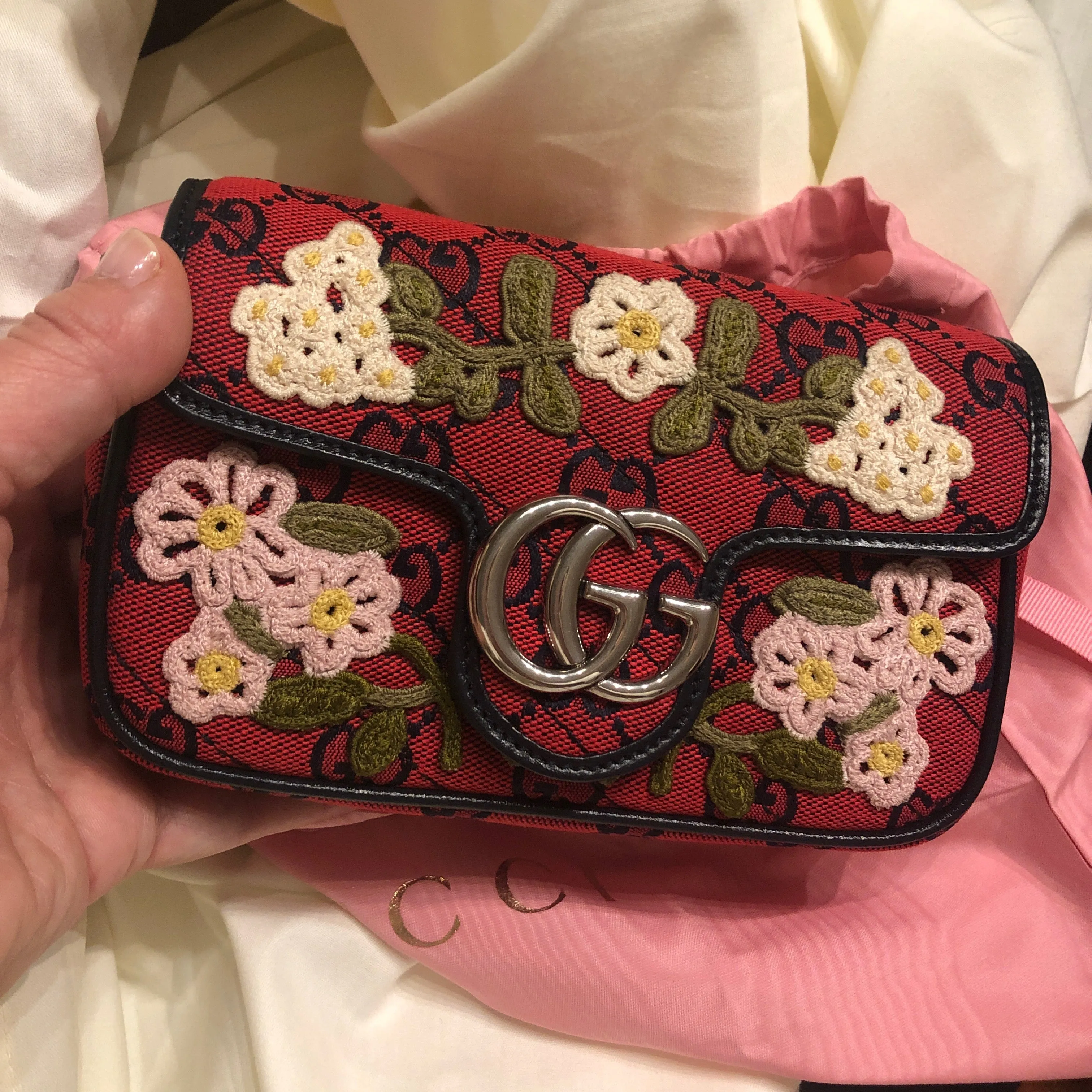 Gucci Monogram Multicolor Super Mini GG Marmont in Red with Floral Embroidery
