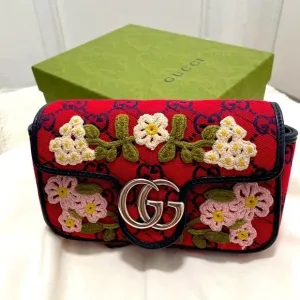 Gucci Monogram Multicolor Super Mini GG Marmont in Red with Floral Embroidery