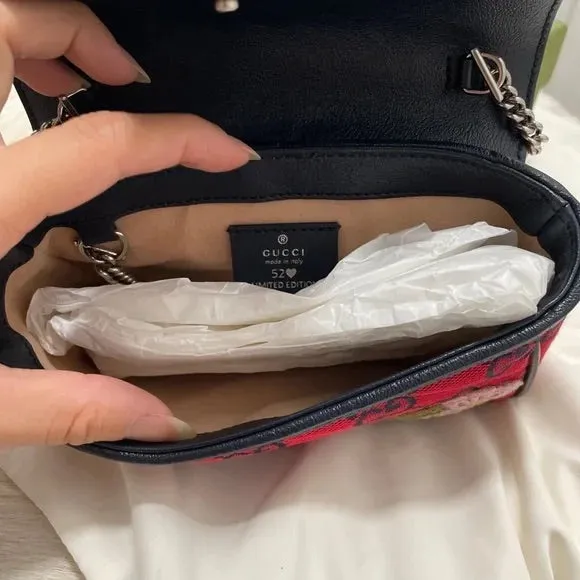 Gucci Monogram Multicolor Super Mini GG Marmont in Red with Floral Embroidery