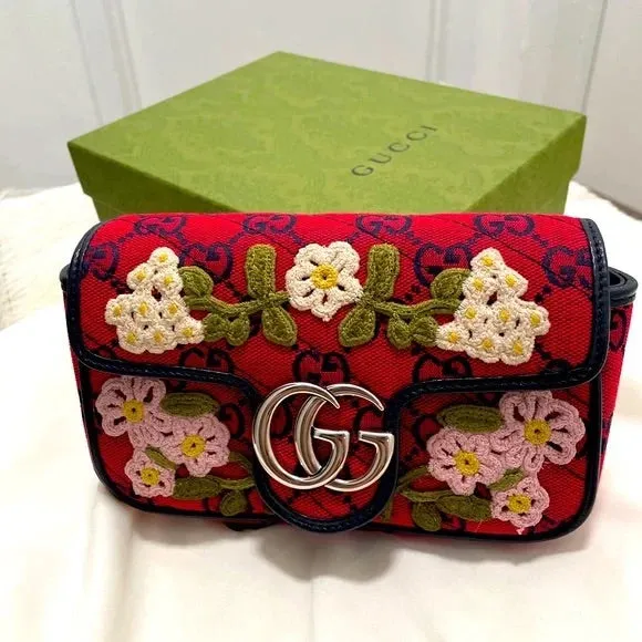 Gucci Monogram Multicolor Super Mini GG Marmont in Red with Floral Embroidery