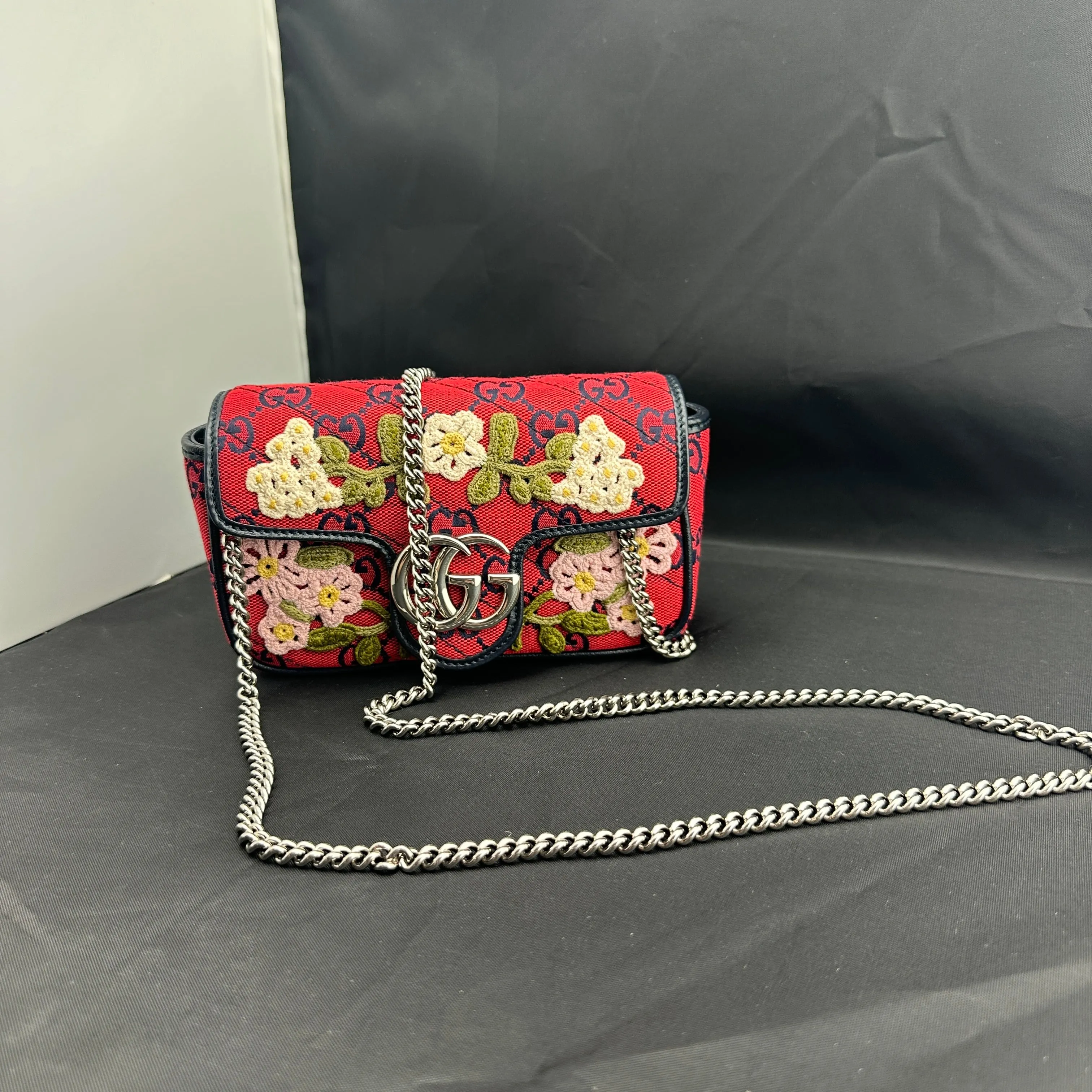 Gucci Monogram Multicolor Super Mini GG Marmont in Red with Floral Embroidery