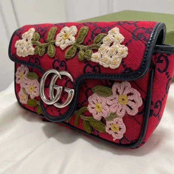 Gucci Monogram Multicolor Super Mini GG Marmont in Red with Floral Embroidery