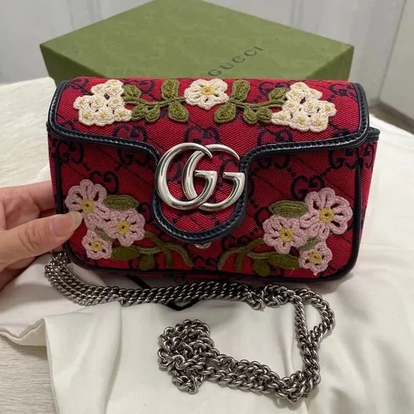 Gucci Monogram Multicolor Super Mini GG Marmont in Red with Floral Embroidery