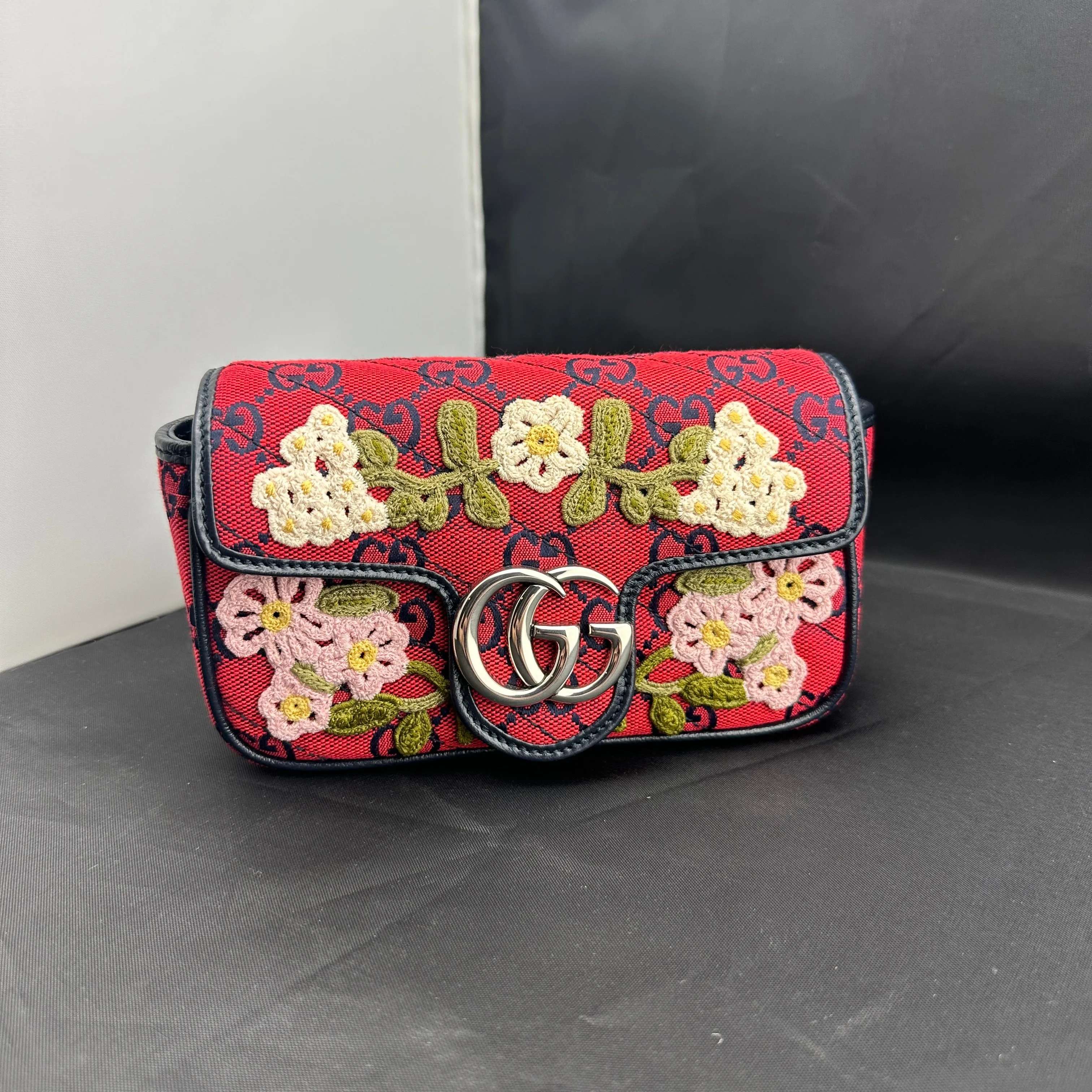 Gucci Monogram Multicolor Super Mini GG Marmont in Red with Floral Embroidery