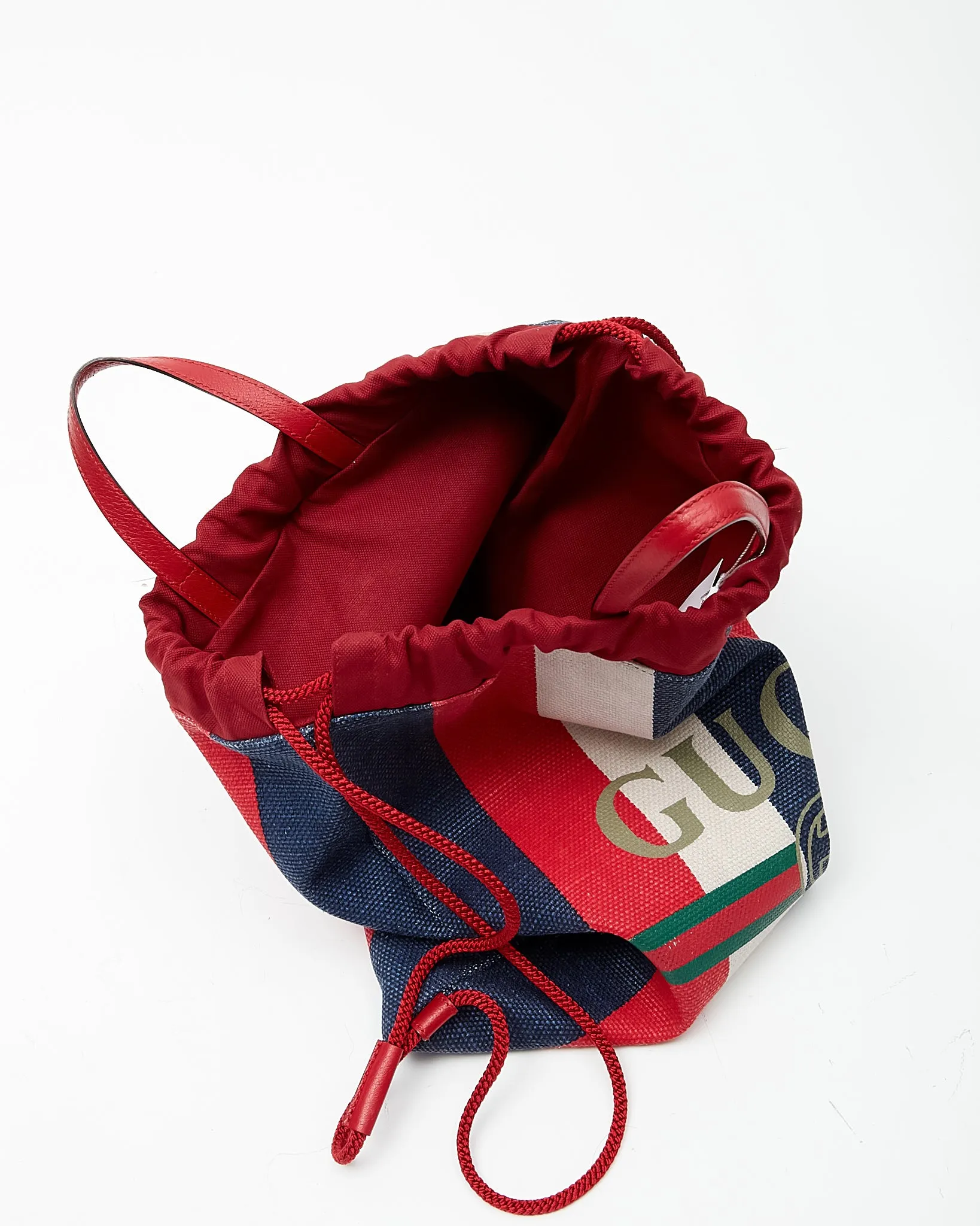 Gucci Red/Blue/White Sylvie Stripe Canvas Drawstring Backpack