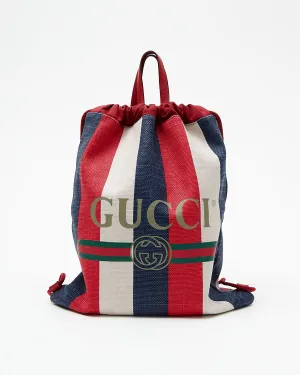 Gucci Red/Blue/White Sylvie Stripe Canvas Drawstring Backpack