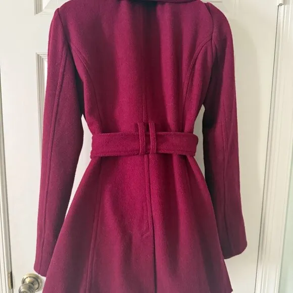 Guess Los Angeles Stylish Burgundy Double-Breasted Belted Coat - Size XS