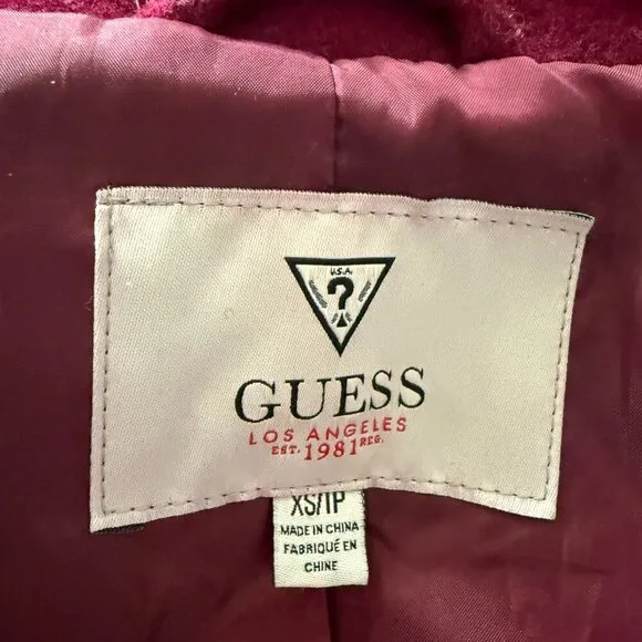 Guess Los Angeles Stylish Burgundy Double-Breasted Belted Coat - Size XS