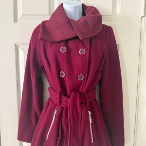 Guess Los Angeles Stylish Burgundy Double-Breasted Belted Coat - Size XS
