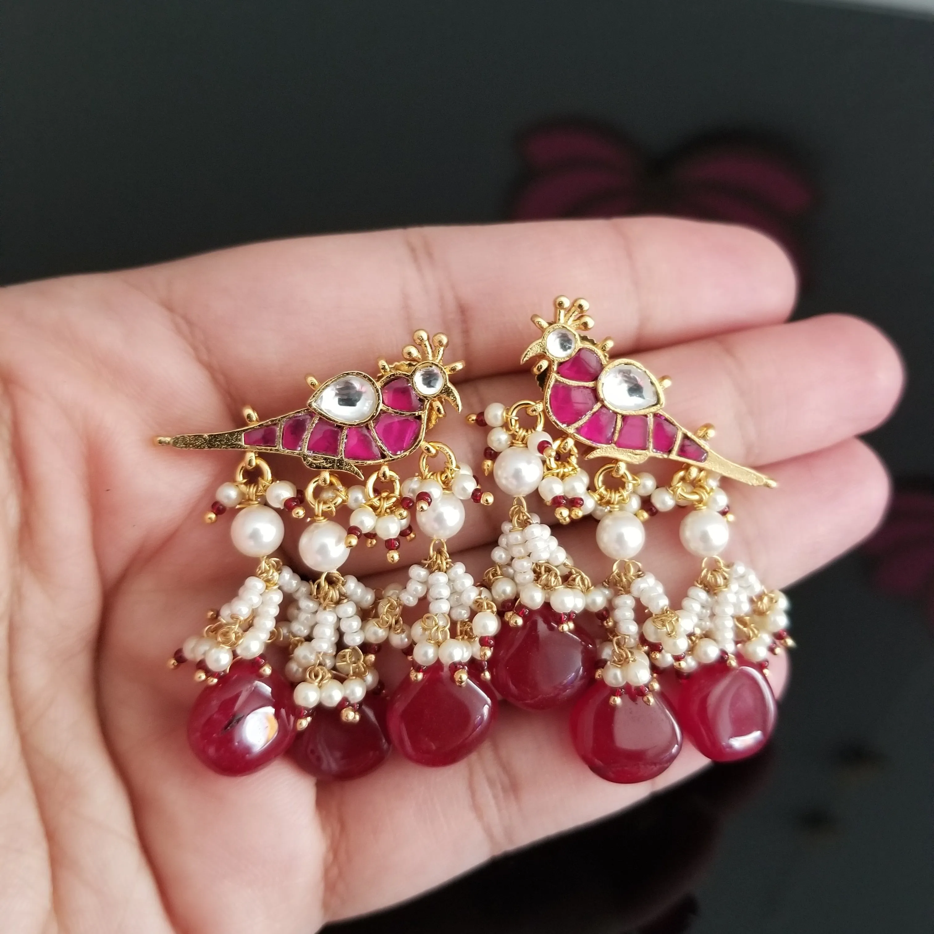 Hard Gold Finish Ahmedabadi Kundan Small Bird Earrings