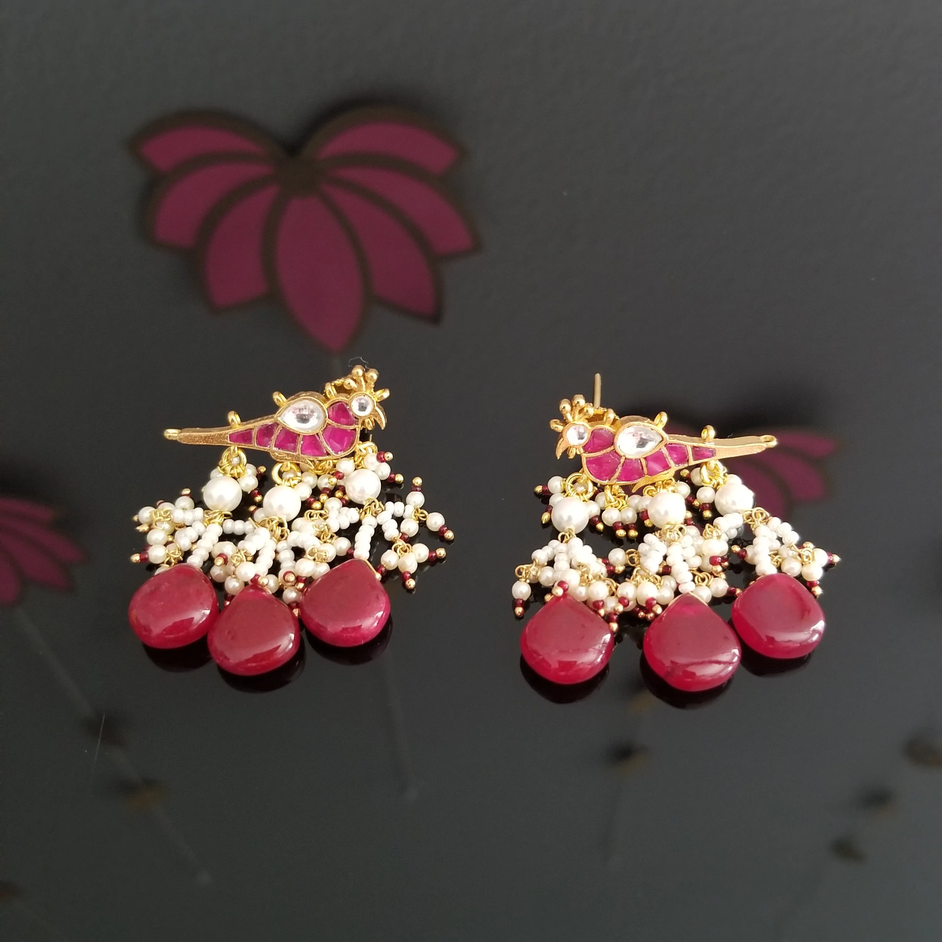 Hard Gold Finish Ahmedabadi Kundan Small Bird Earrings