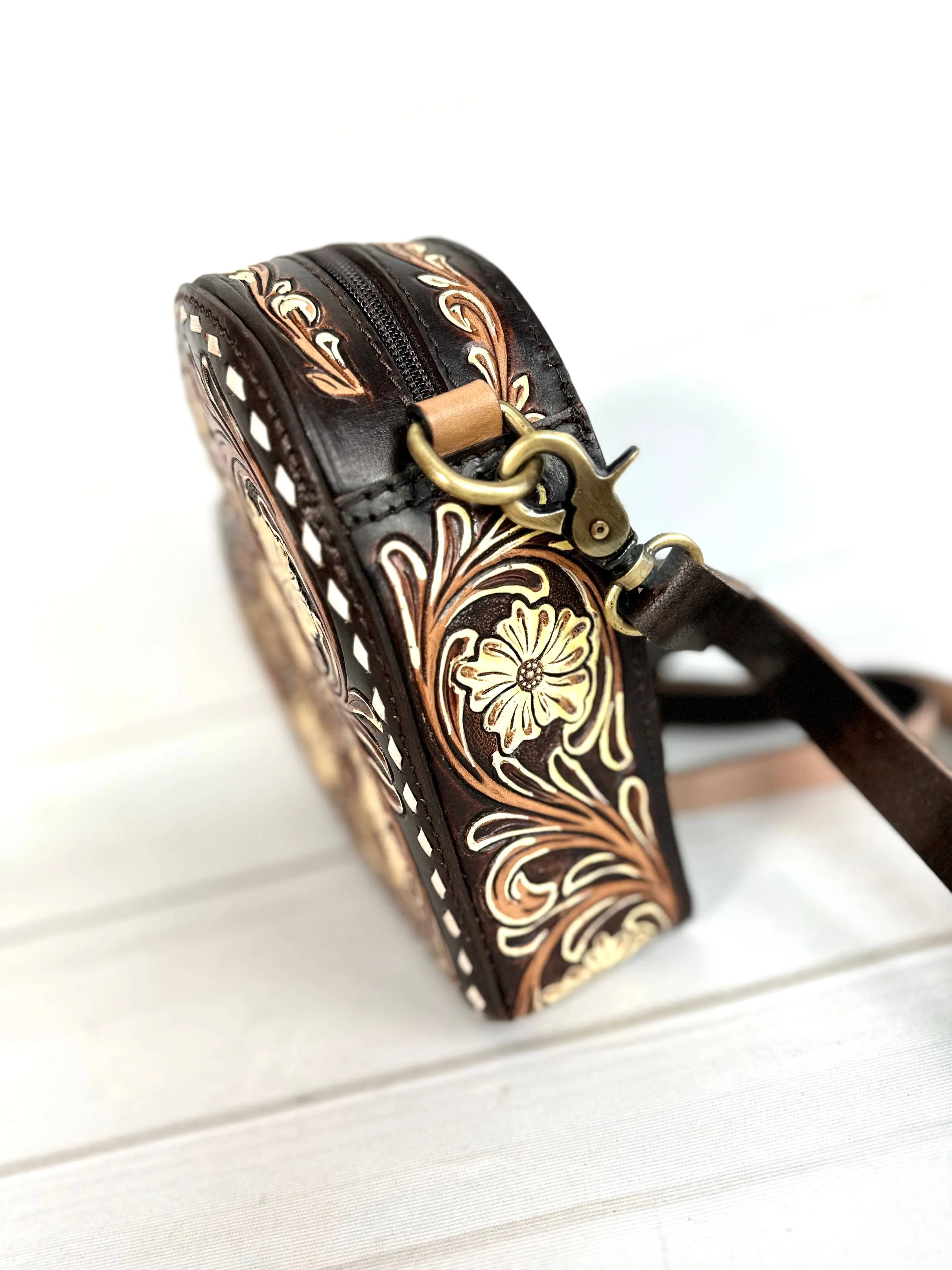 Heart Shaped Cream Floral Leather Tooled Canteen Bag