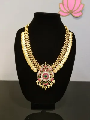 Heavy Kasu Haram With Jadau Kundan Peacock Pendant