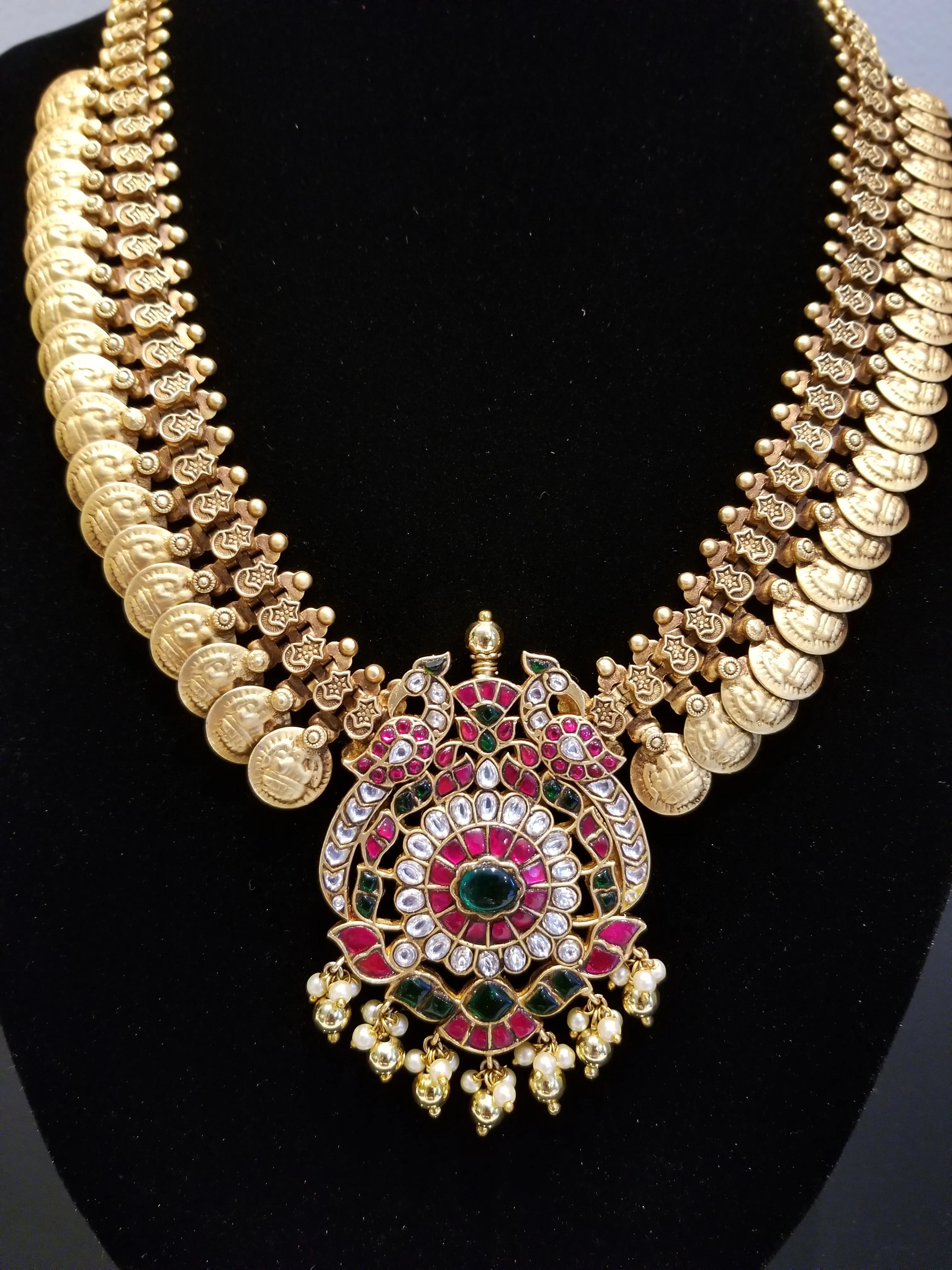 Heavy Kasu Haram With Jadau Kundan Peacock Pendant