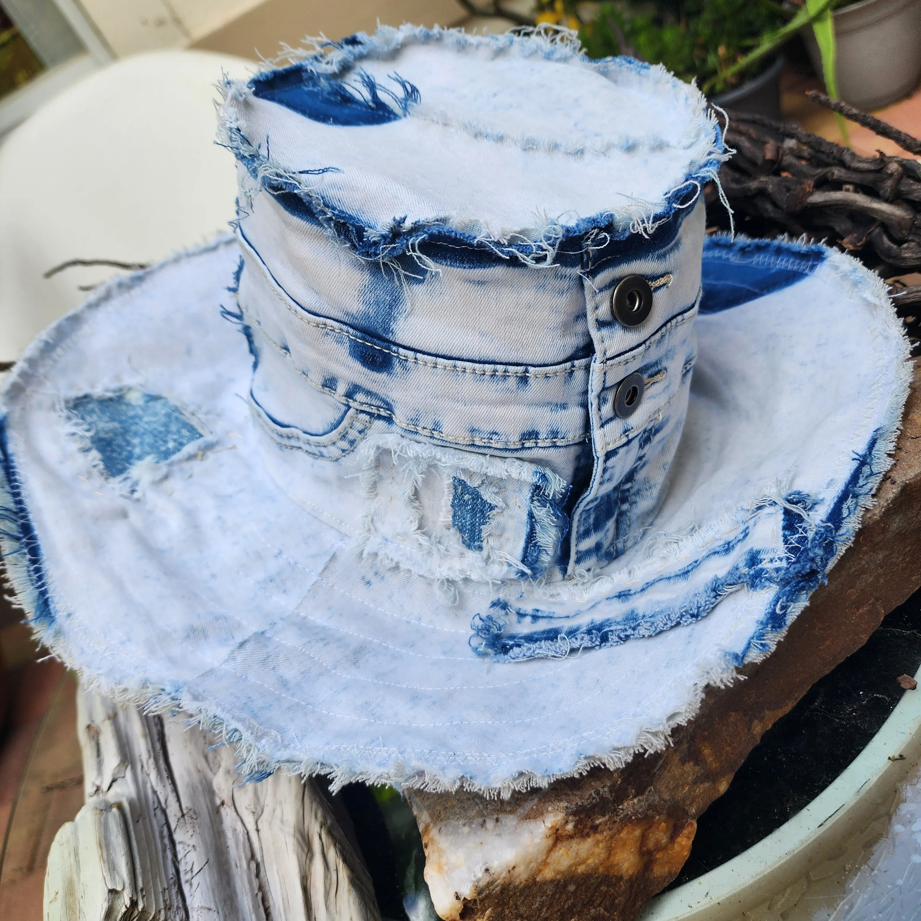 I DO / Designer Top Hat Shabby Chic Hat Upcycled Distressed Denim Bohemian style Hat Hand Stitched Top Hat Patchwork